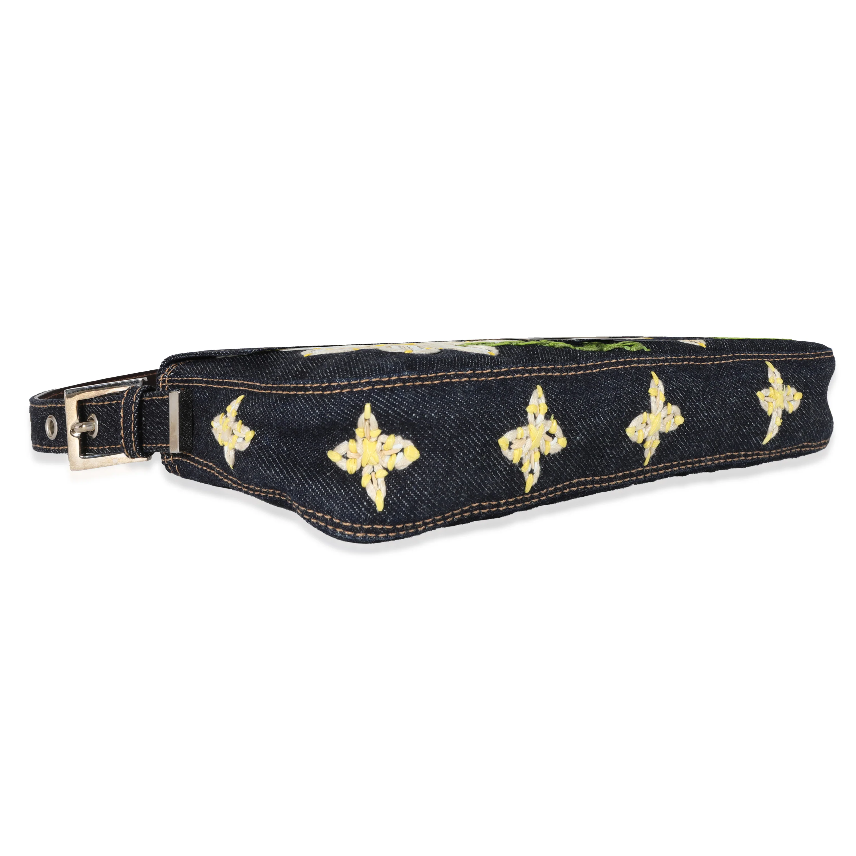 Fendi Navy Denim Yellow Flower Raffia Embroidered Baguette Bag - Image 4