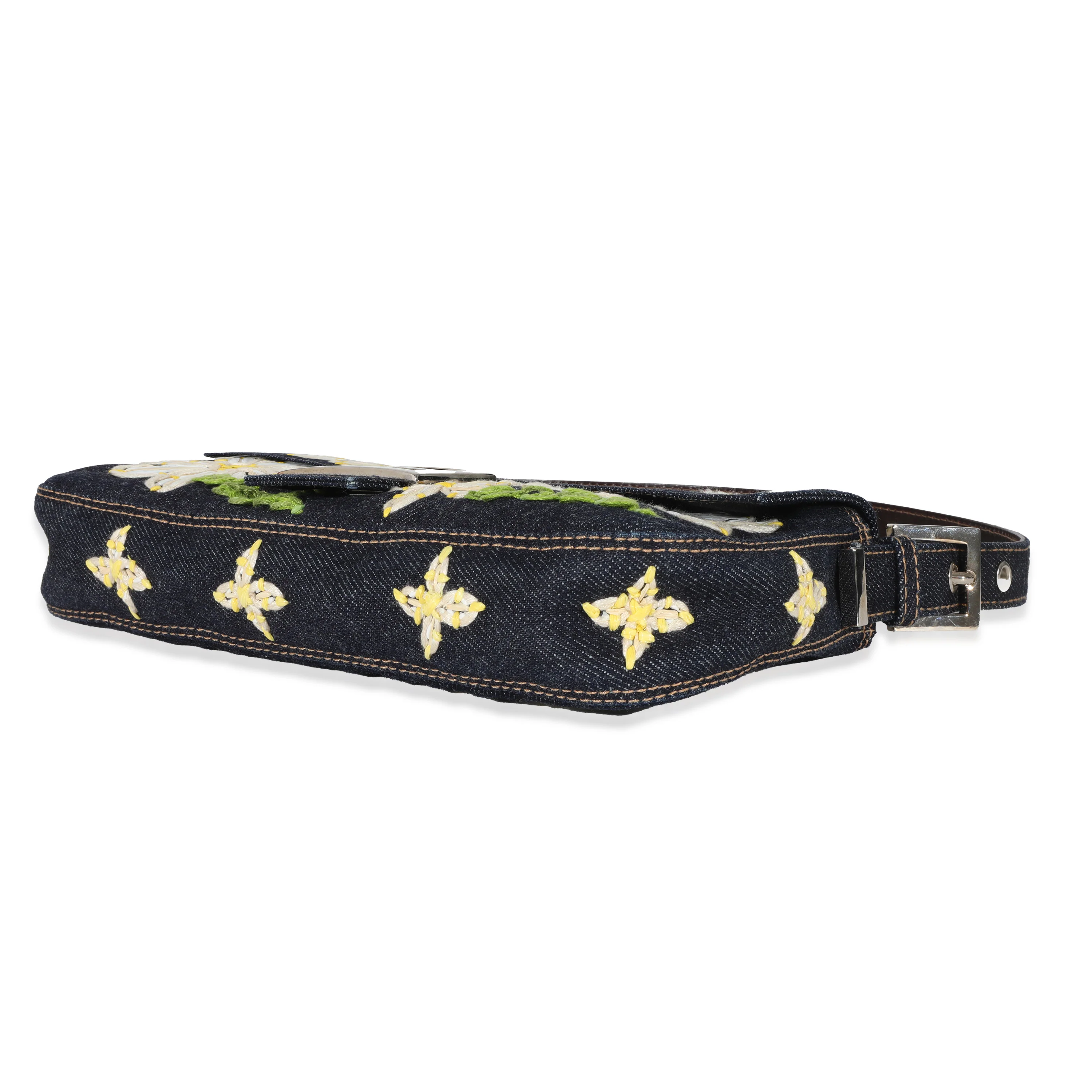 Fendi Navy Denim Yellow Flower Raffia Embroidered Baguette Bag - Image 5