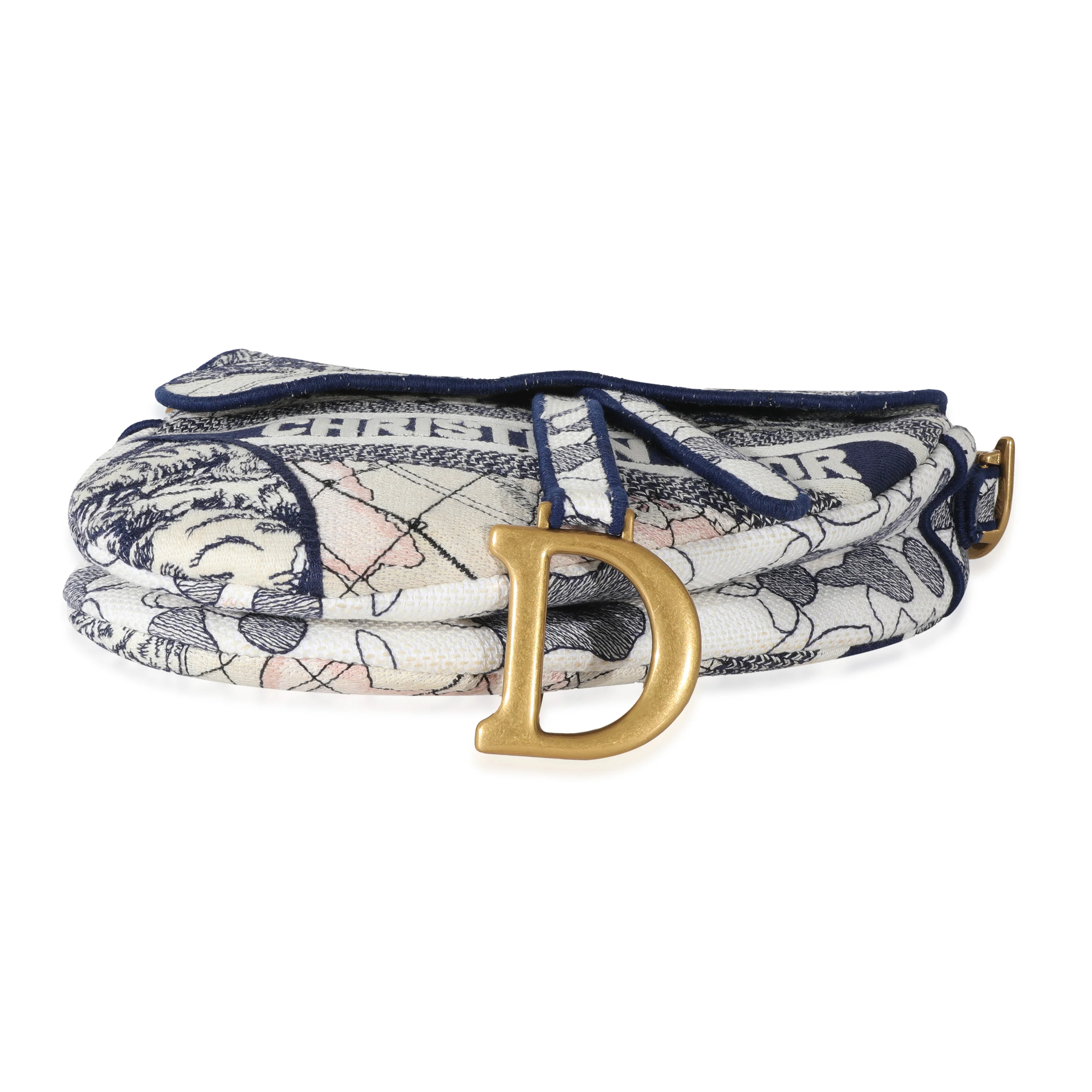 Christian Dior Navy White Embroidered Canvas Around The World Saddle Bag - Image 4