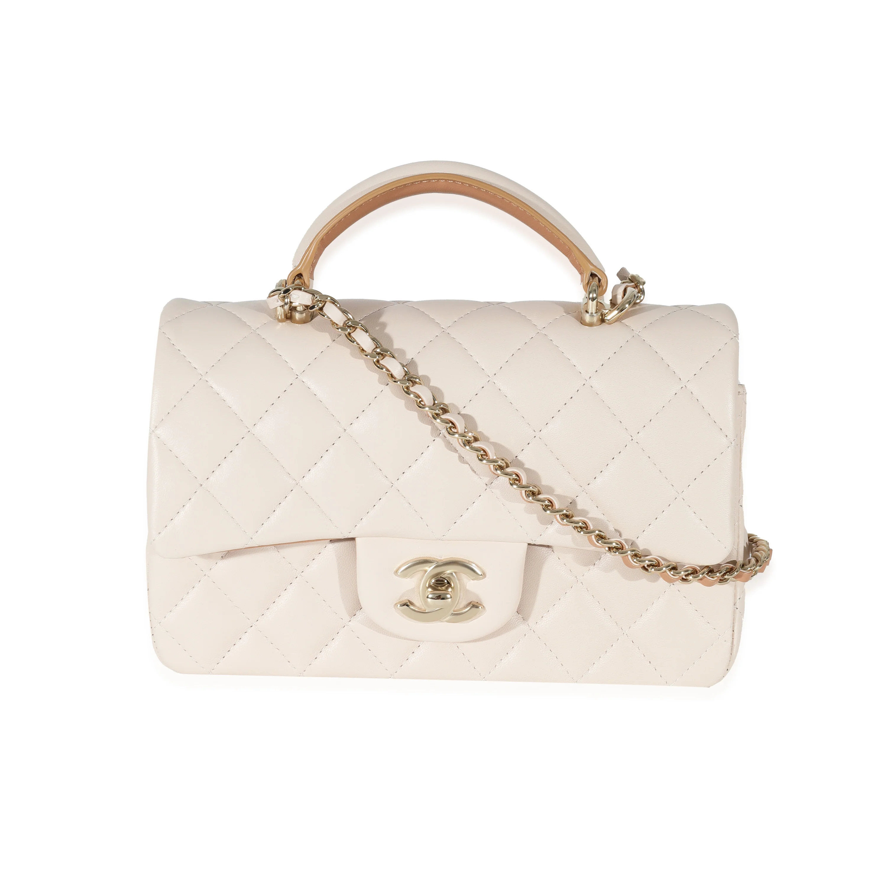 Chanel Beige Brown Quilted Bi-Color Lambskin Mini Top Handle Rectangular Flap