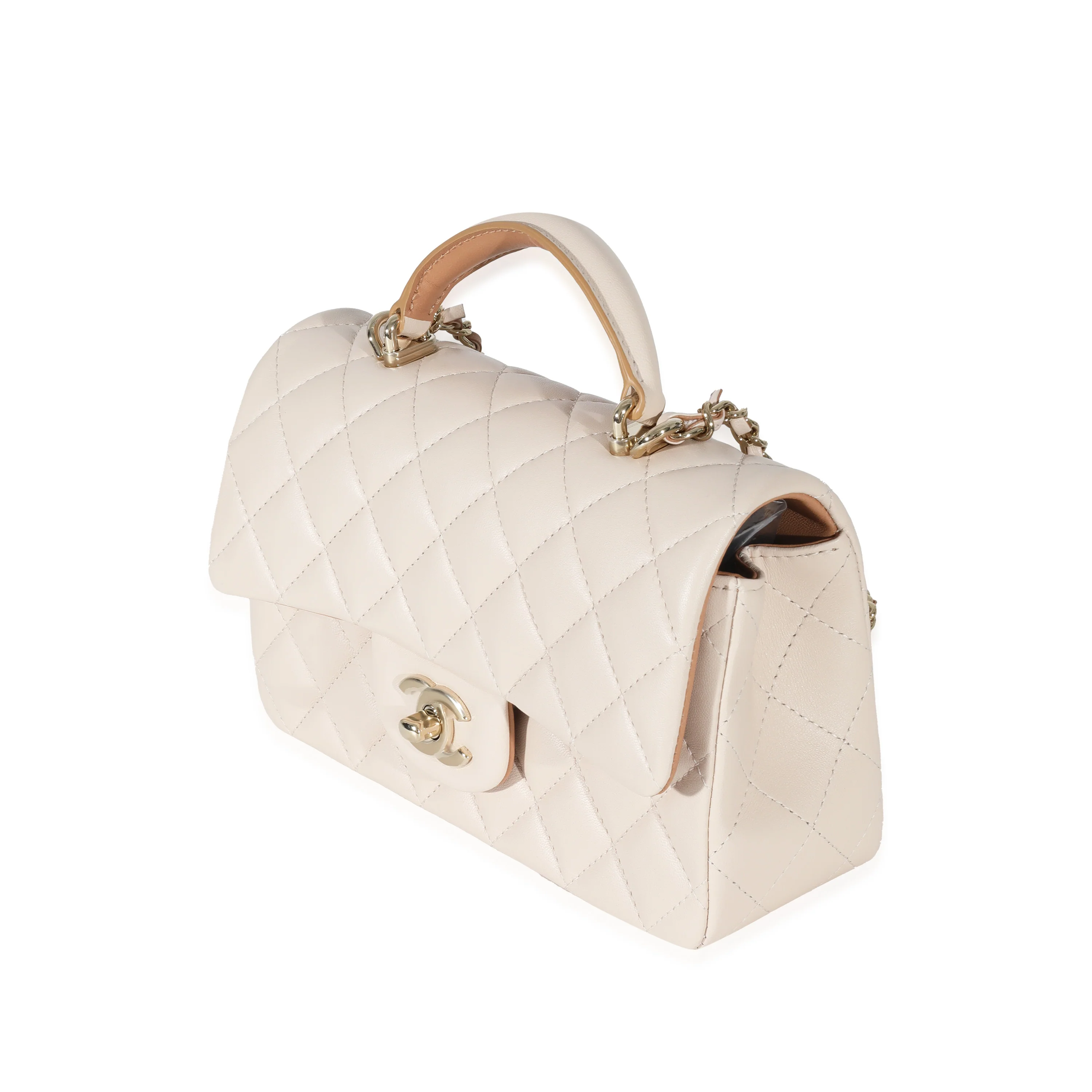 Chanel Beige Brown Quilted Bi-Color Lambskin Mini Top Handle Rectangular Flap - Image 2