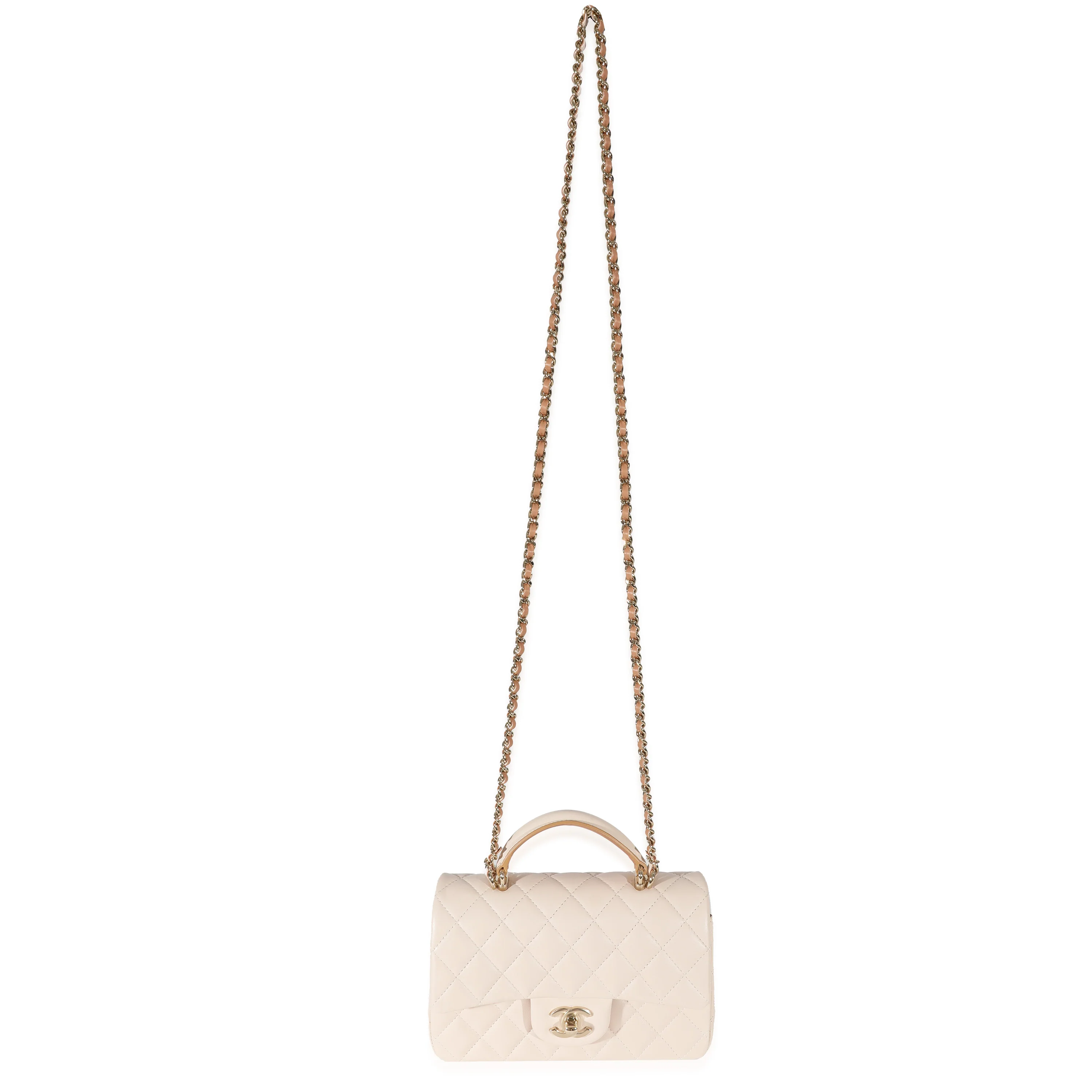 Chanel Beige Brown Quilted Bi-Color Lambskin Mini Top Handle Rectangular Flap - Image 4