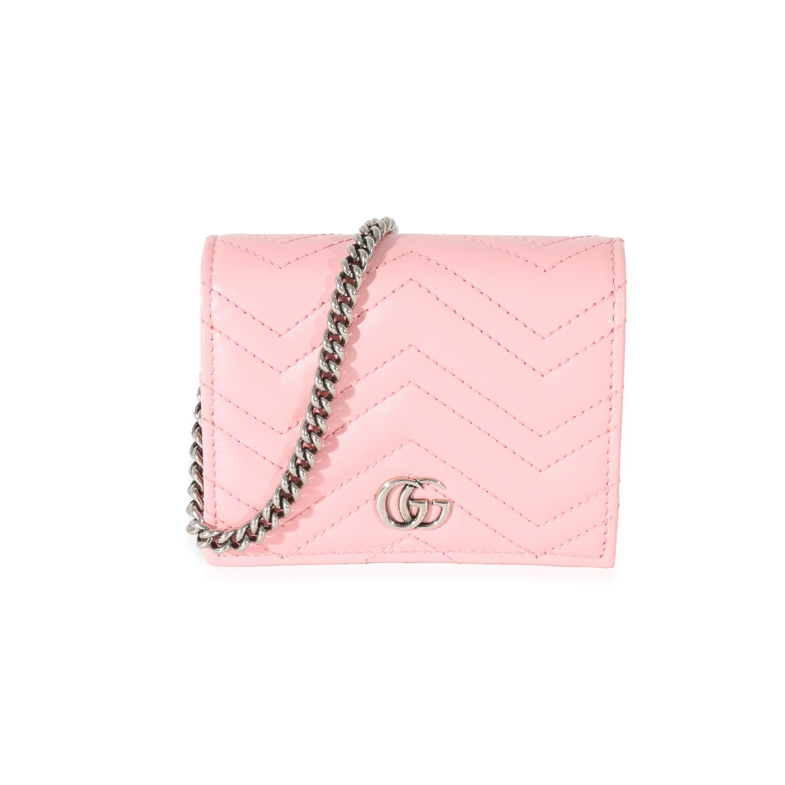 Gucci Pink Matelasse GG Marmont Card Case On Chain