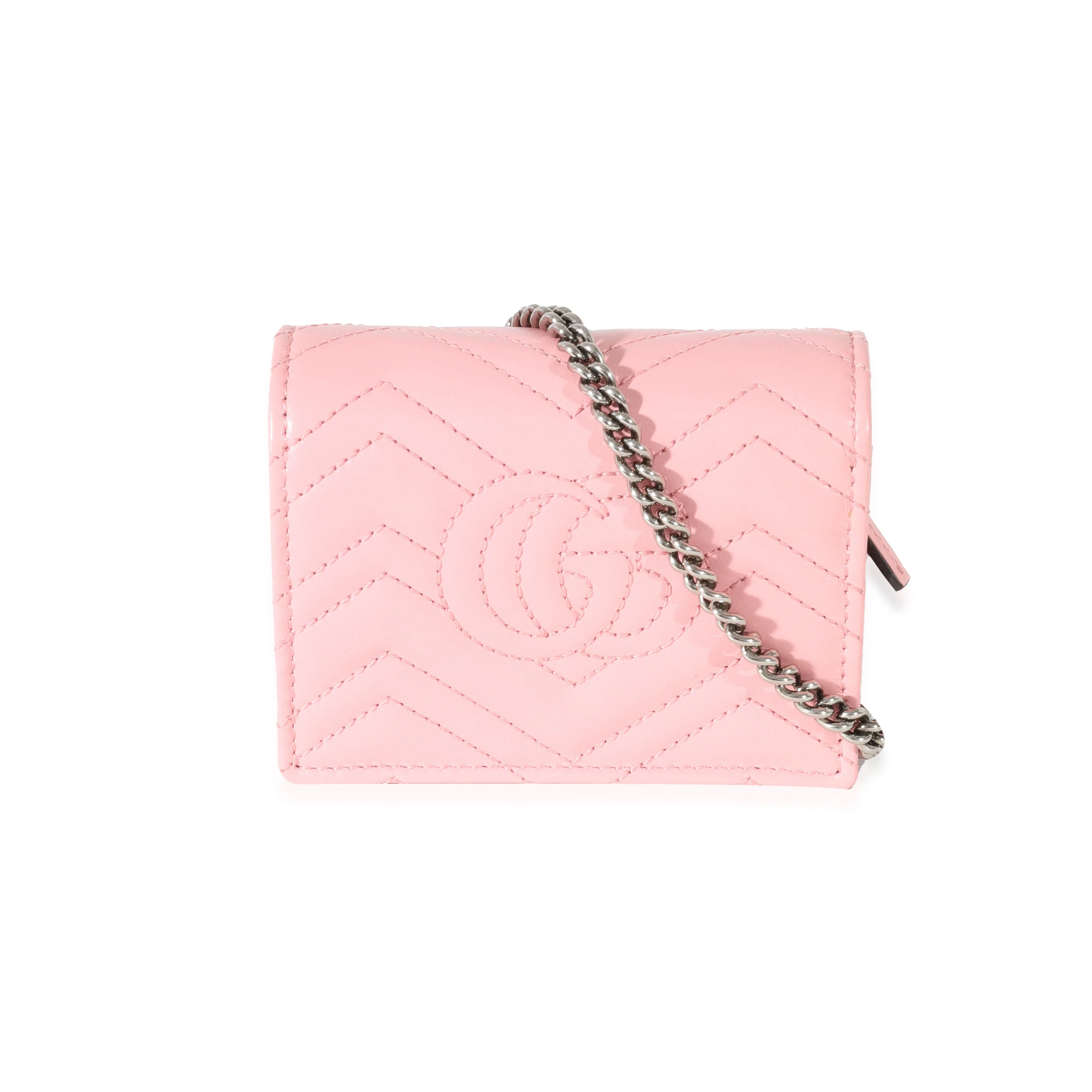 Gucci Pink Matelasse GG Marmont Card Case On Chain - Image 3