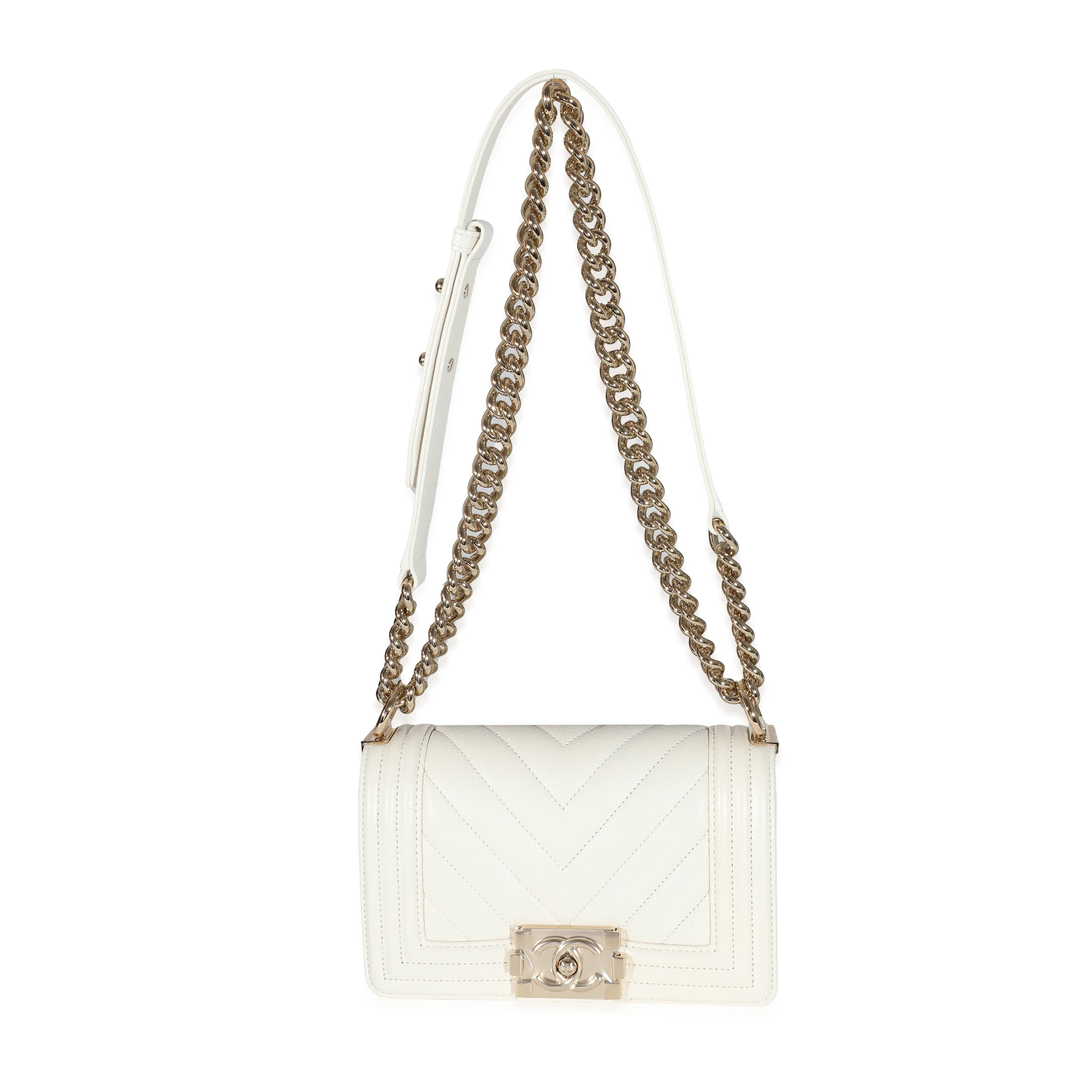 Chanel 23C White Caviar Chevron Small Boy Bag - Image 4