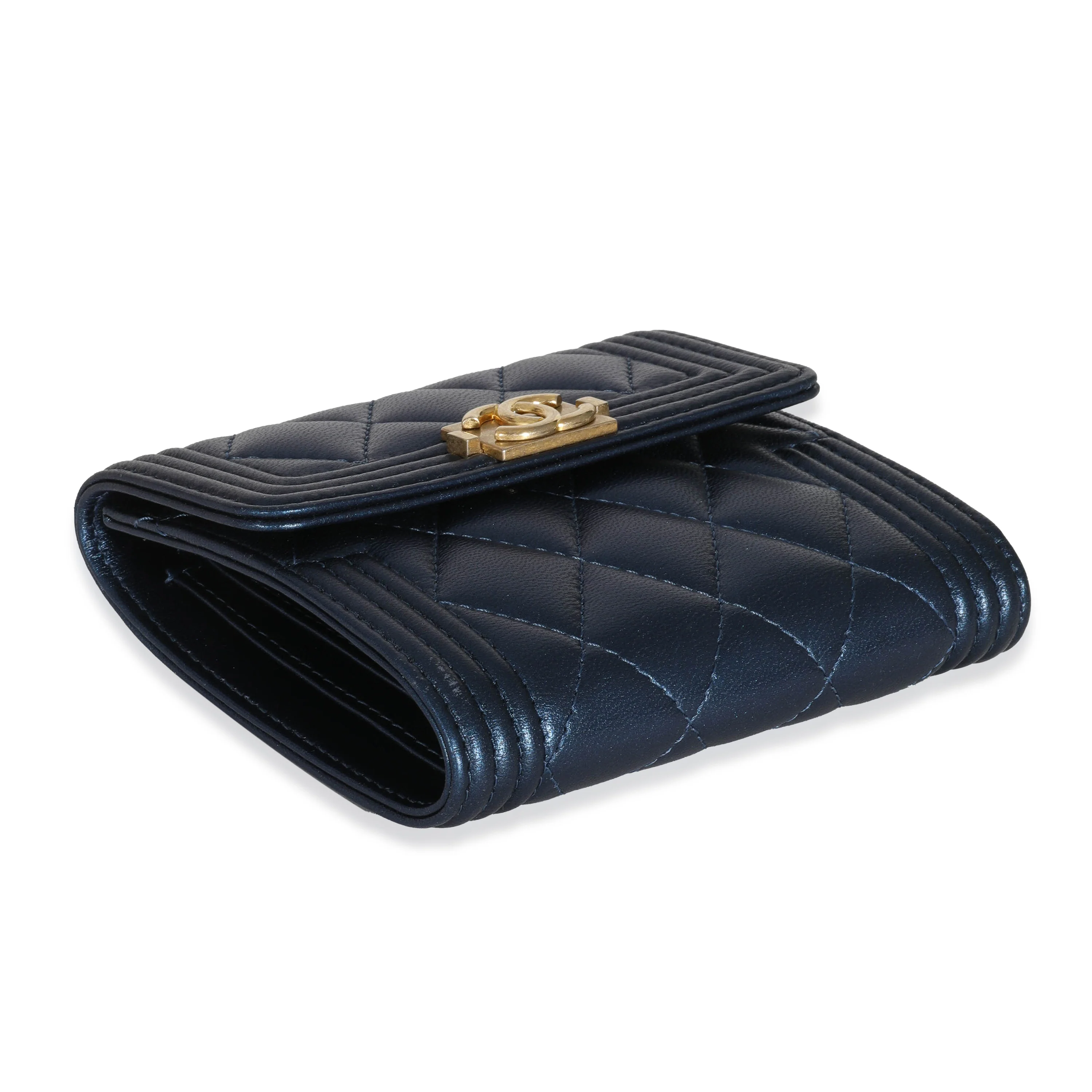 Chanel Navy Metallic Lambskin Boy Wallet - Image 6