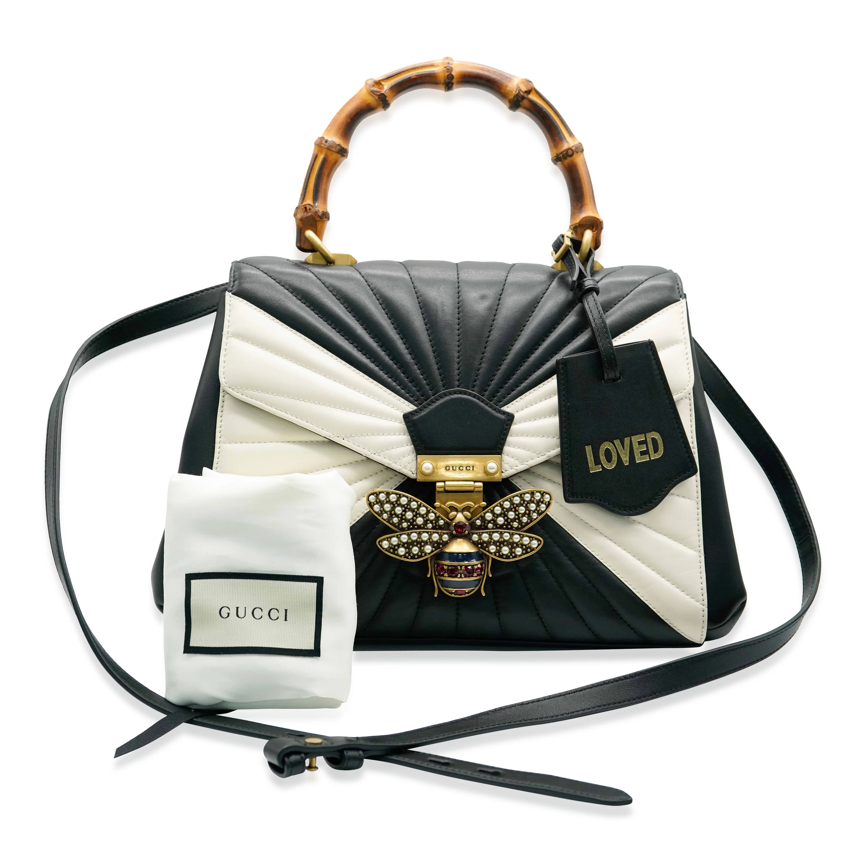 Black White Calfskin Queen Margaret Bamboo Top Handle Bag - Image 10