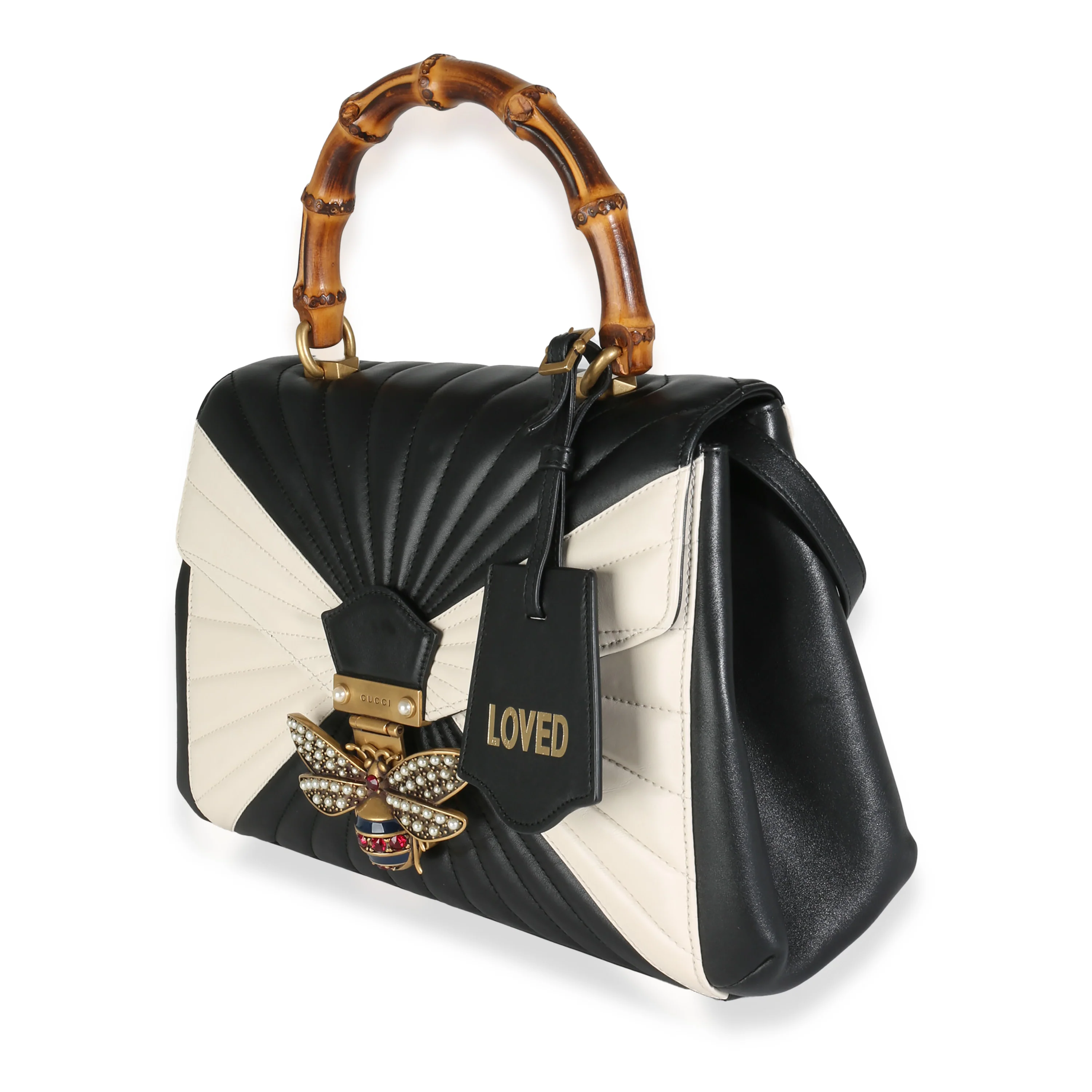 Black White Calfskin Queen Margaret Bamboo Top Handle Bag - Image 2