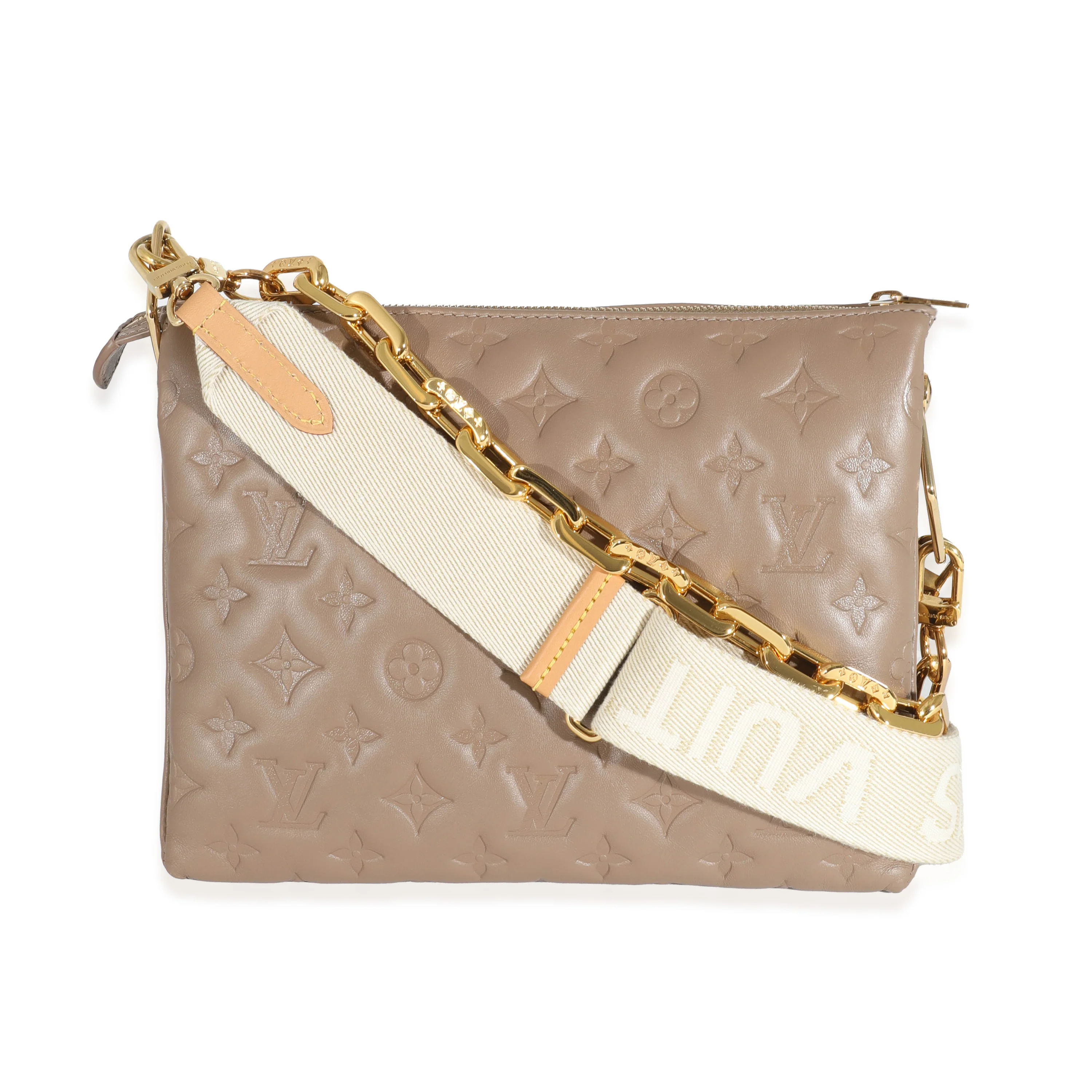 Taupe Monogram Embossed Puffy Lambskin Coussin PM - Image 3