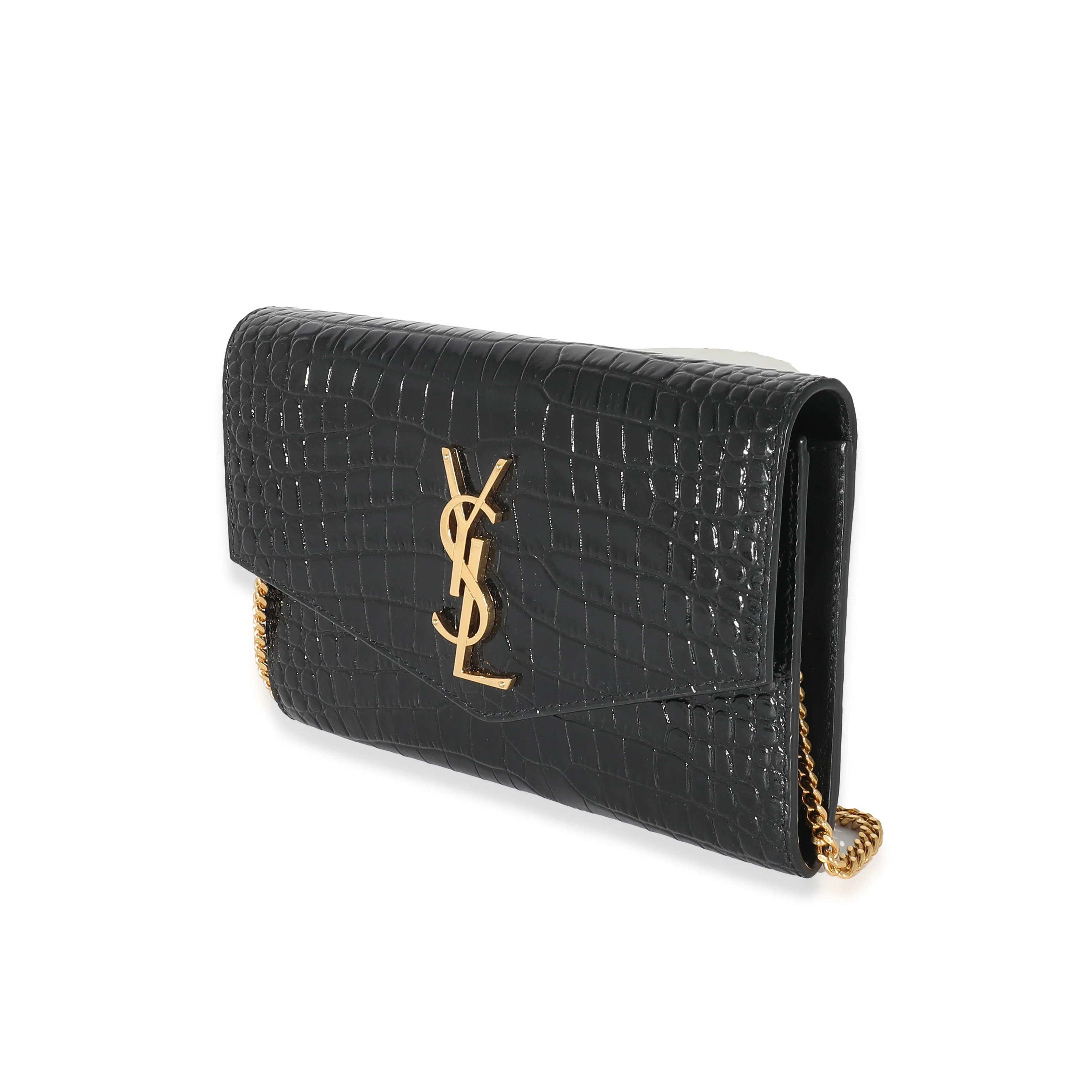 Saint Laurent Black Croc Embossed Uptown Envelope Chain Wallet - Image 2
