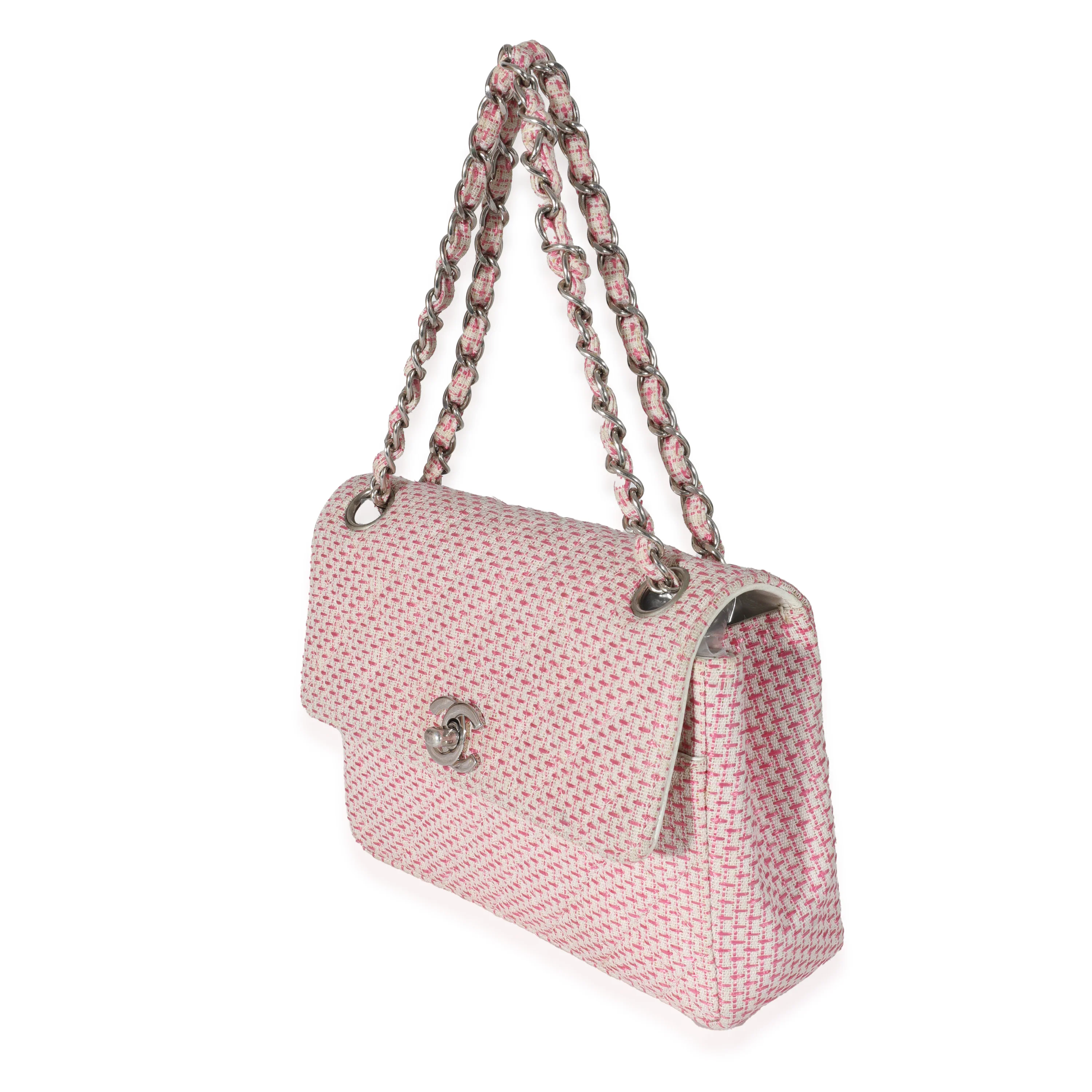 Woven Raffia Pink White Small CC Shoulder Flap Bag - Image 2