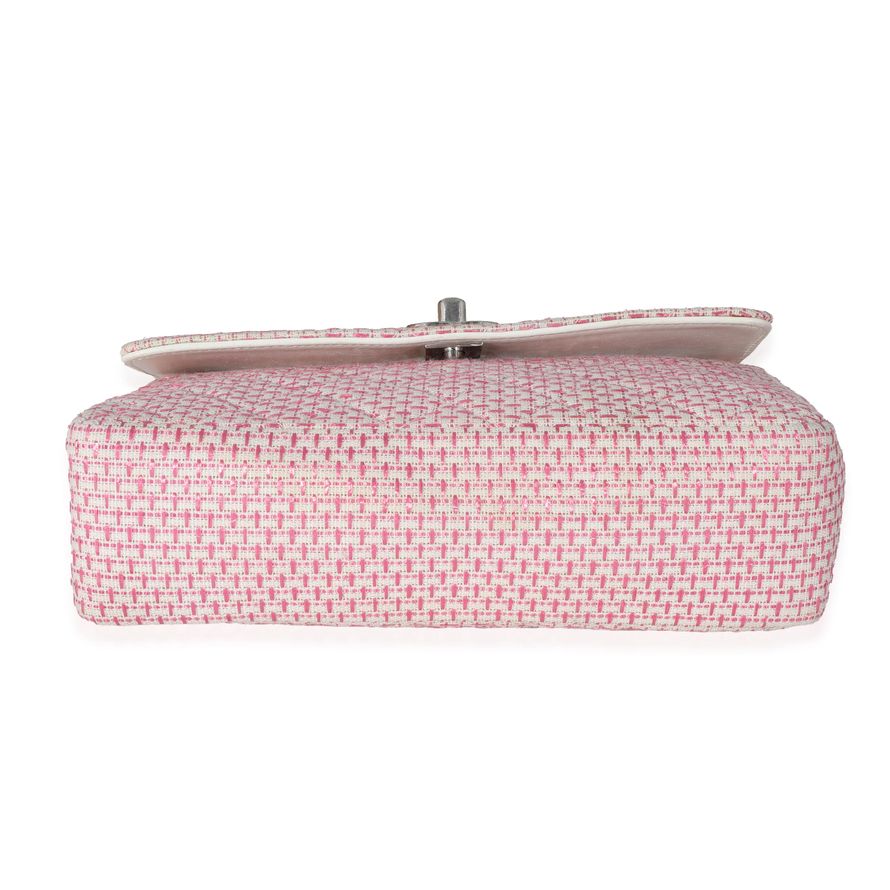Woven Raffia Pink White Small CC Shoulder Flap Bag - Image 4