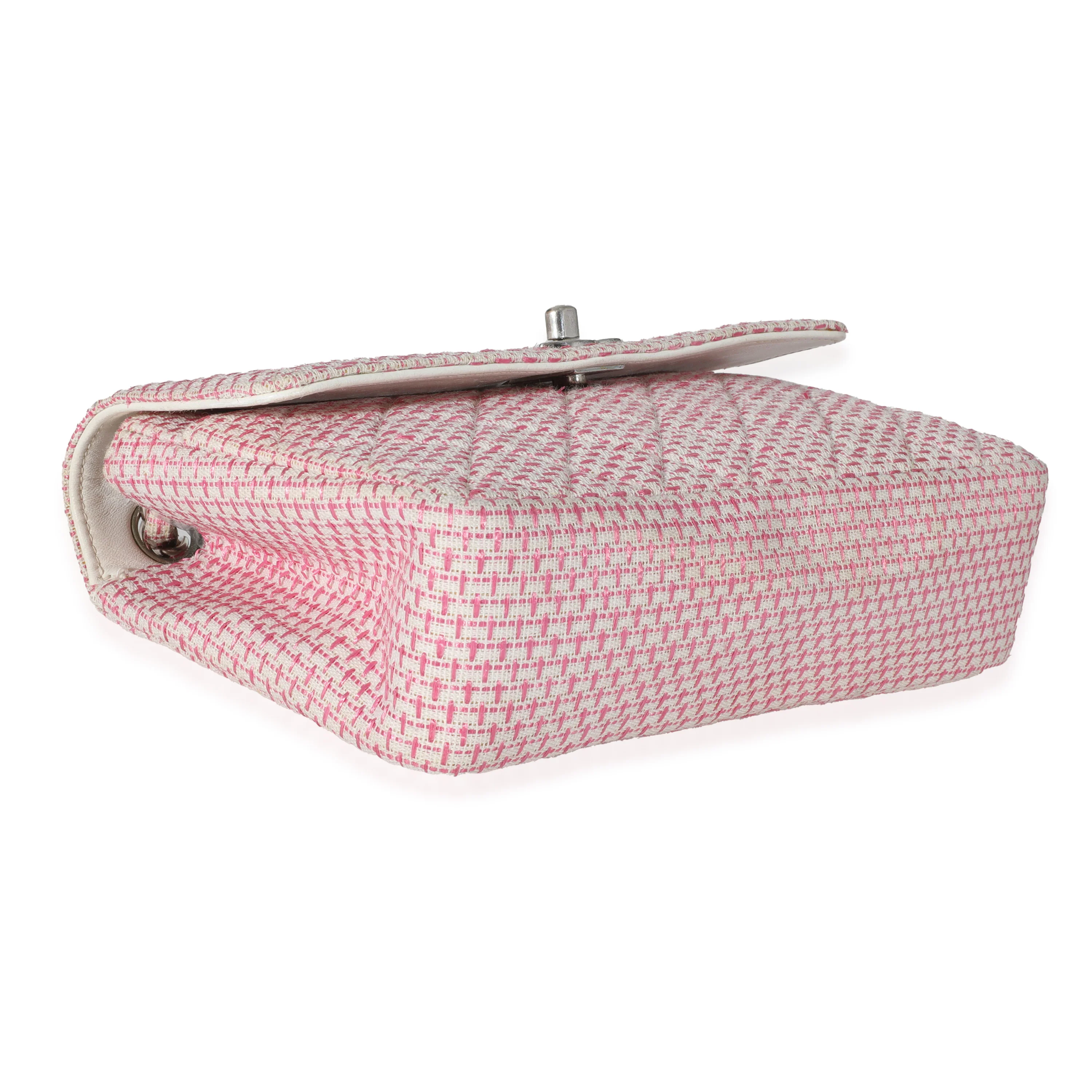 Woven Raffia Pink White Small CC Shoulder Flap Bag - Image 5
