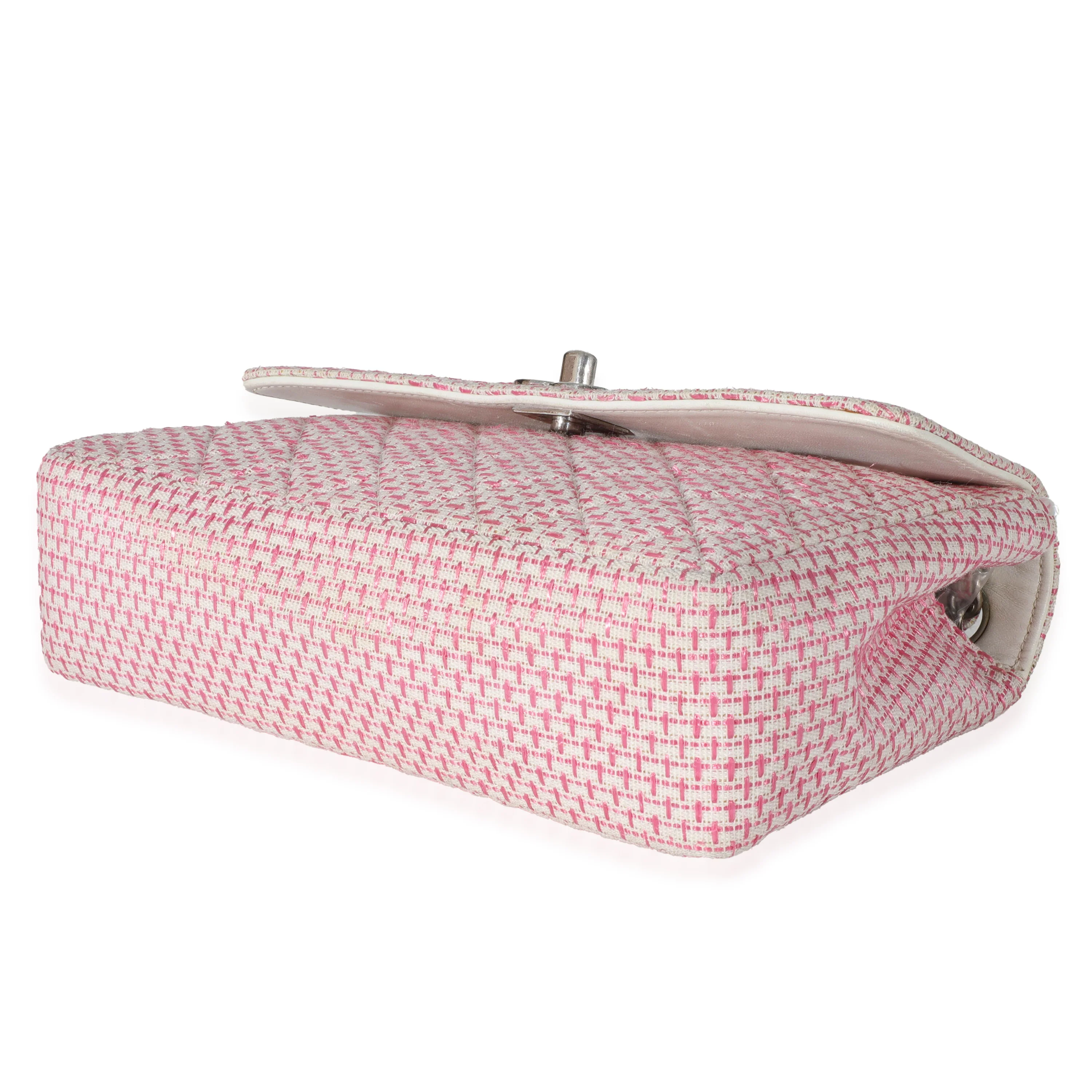 Woven Raffia Pink White Small CC Shoulder Flap Bag - Image 6