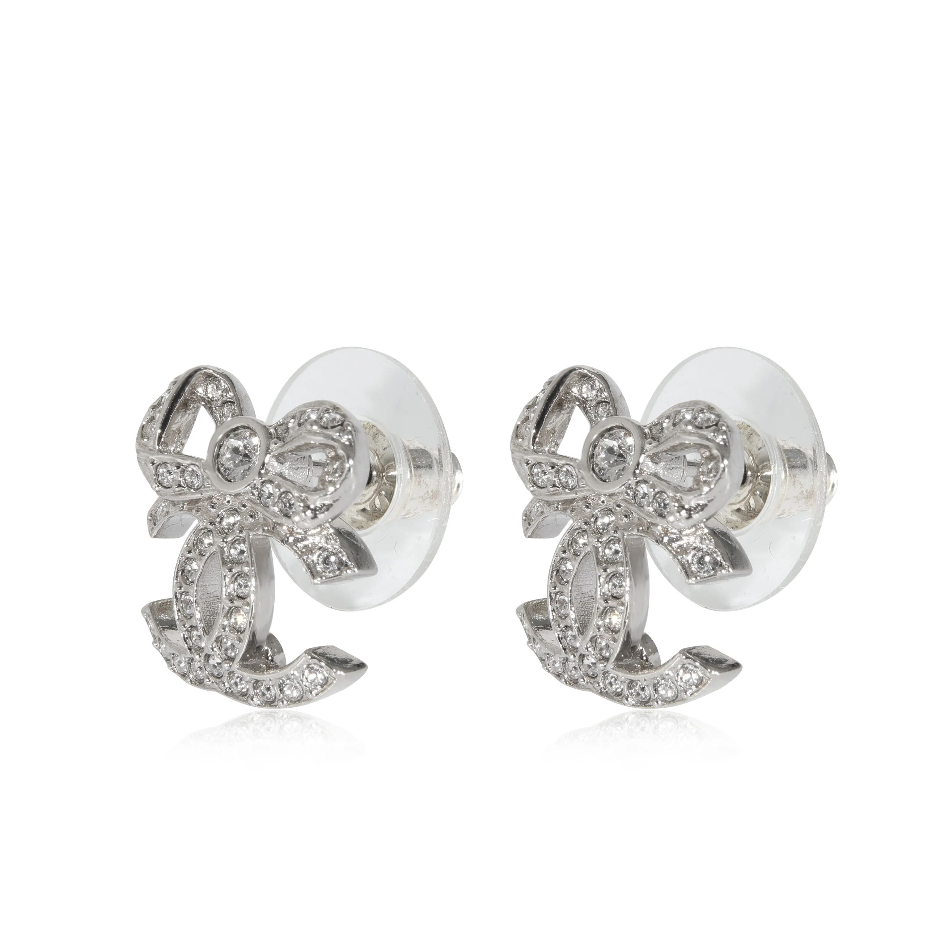 Chanel Silver Toned  2022 CC Bow Strass Earrings - Image 2