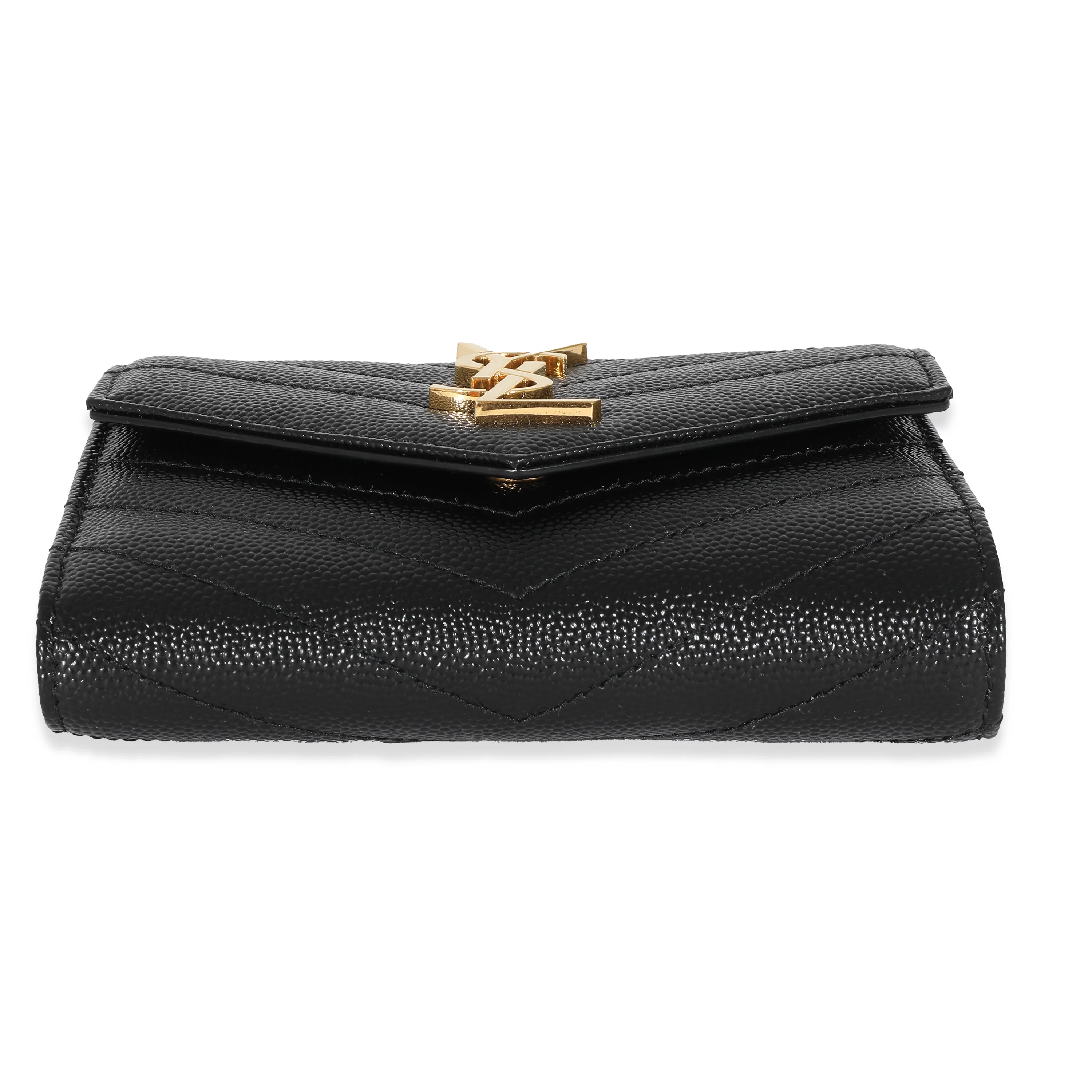 Saint Laurent Black Grain De Poudre Matelassé Cassandre Compact Trifold Wallet - Image 5