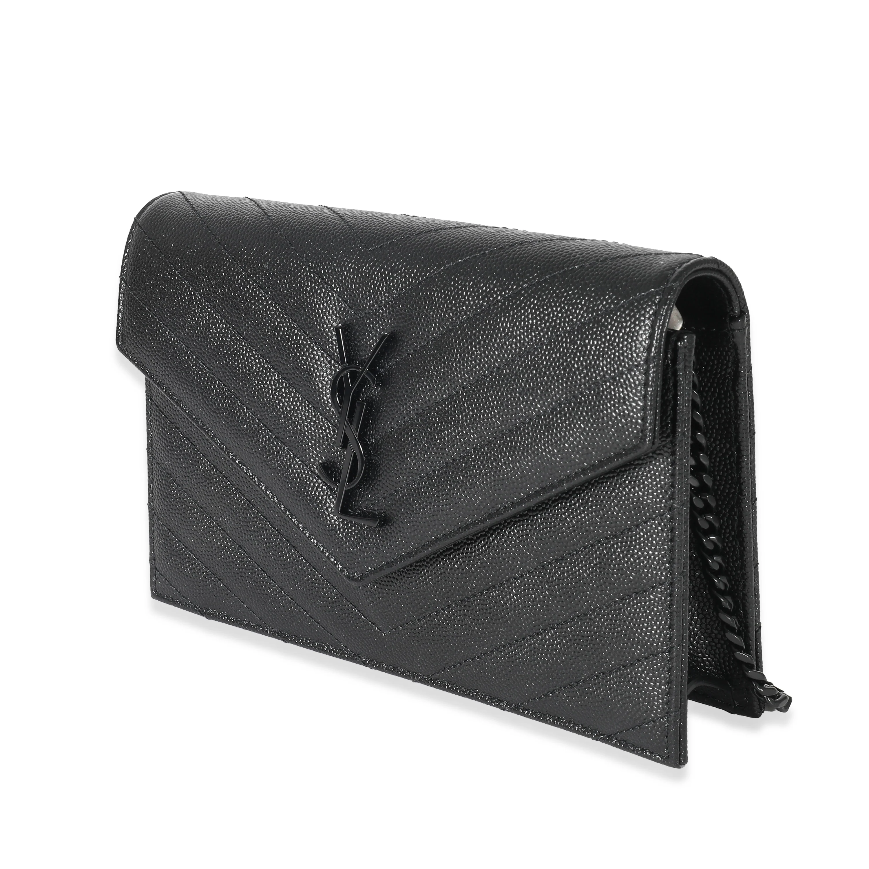 Saint Laurent Black Matelassé Grain De Poudre Cassandre Envelope Chain Wallet - Image 2