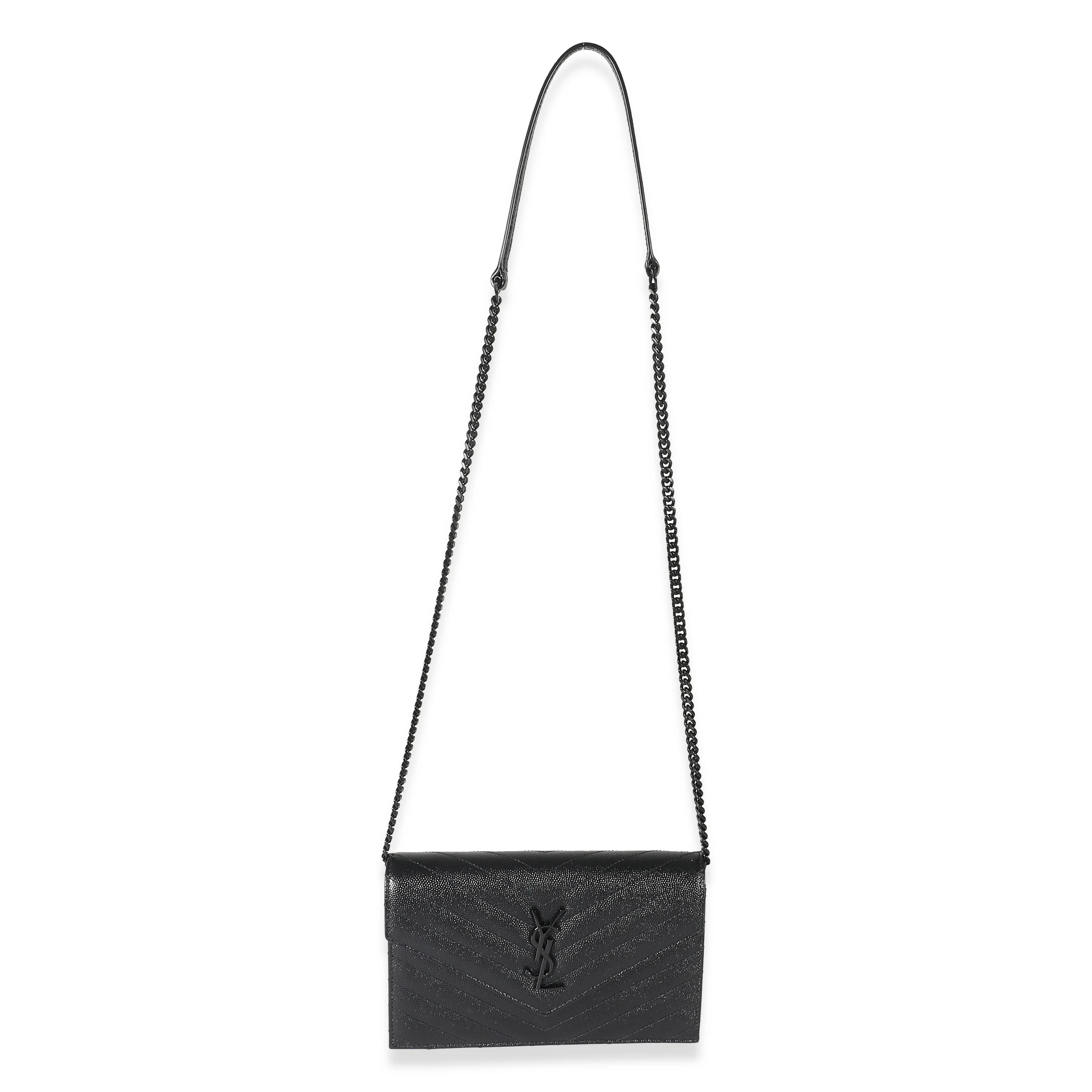 Saint Laurent Black Matelassé Grain De Poudre Cassandre Envelope Chain Wallet - Image 4