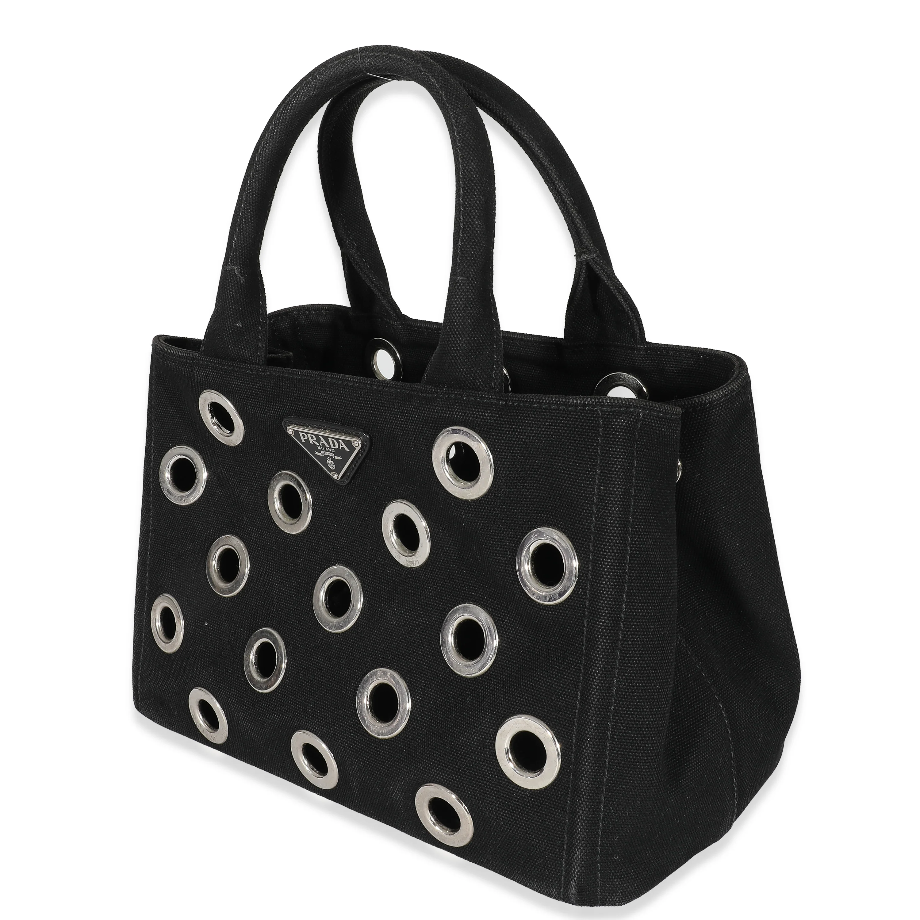 Prada Black Canvas Small Grommet Canapa Tote - Image 2