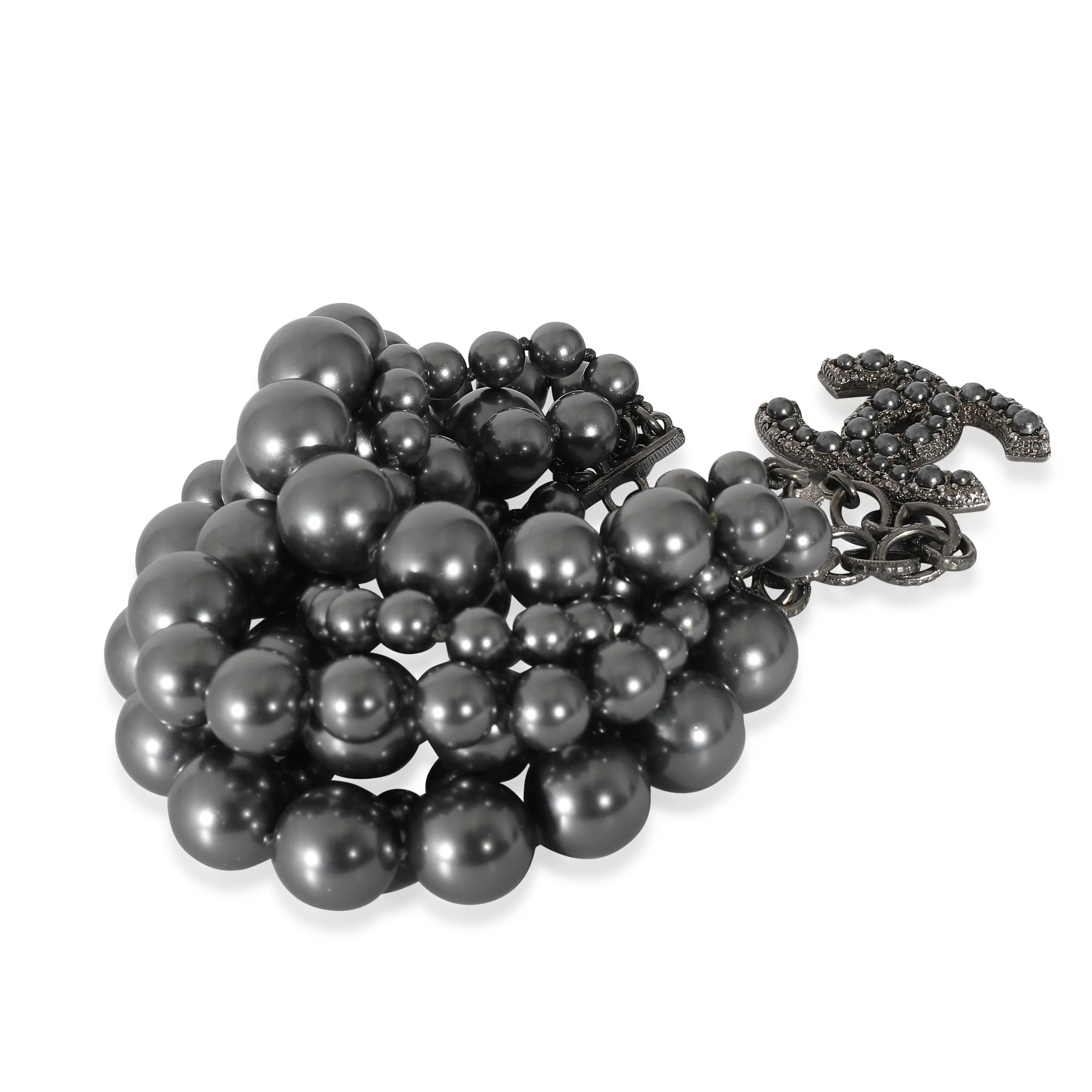 Chanel 2014 Grey Faux Pearl Multi Strand Bracelet With CC Charm in Ruthenium - Image 2