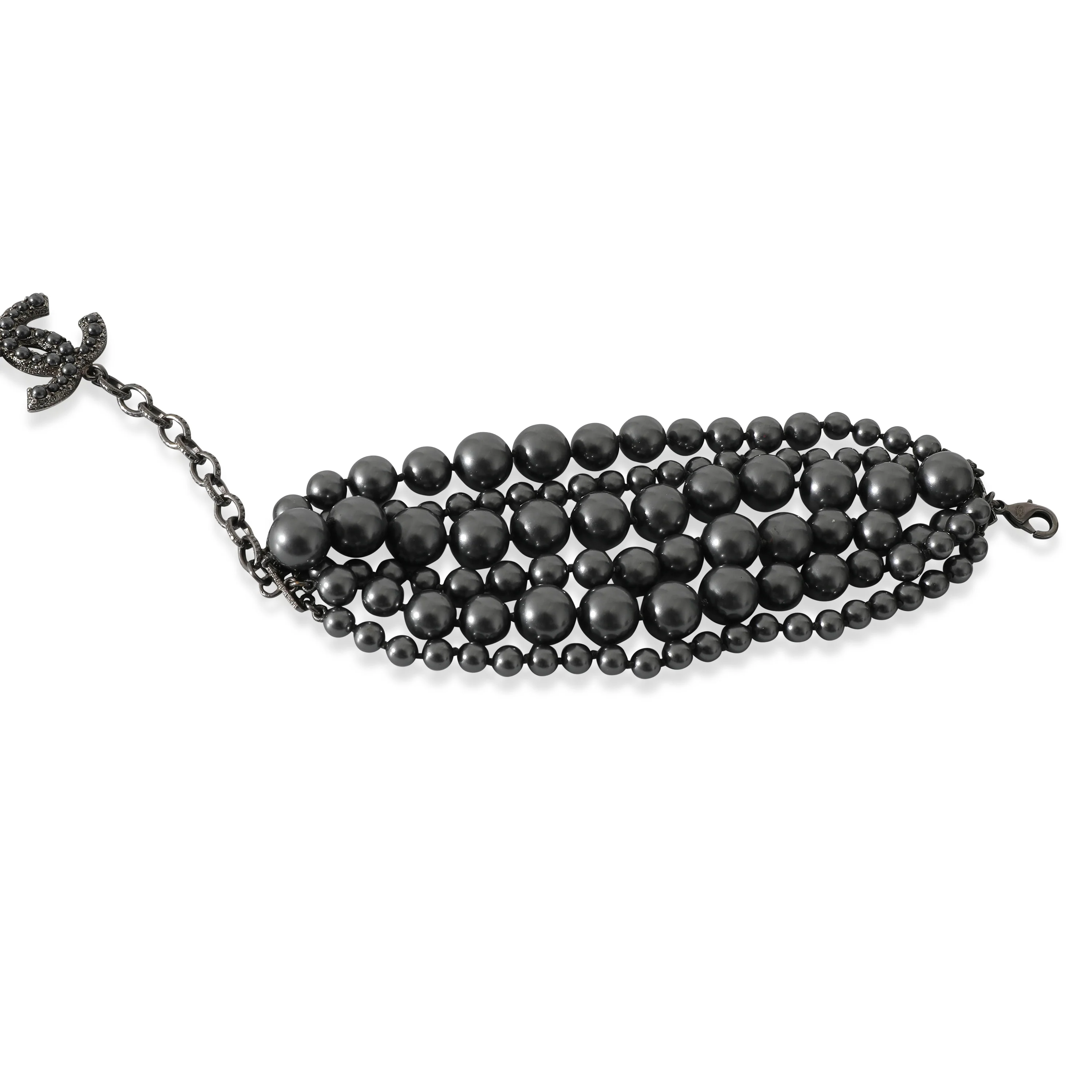 Chanel 2014 Grey Faux Pearl Multi Strand Bracelet With CC Charm in Ruthenium - Image 4