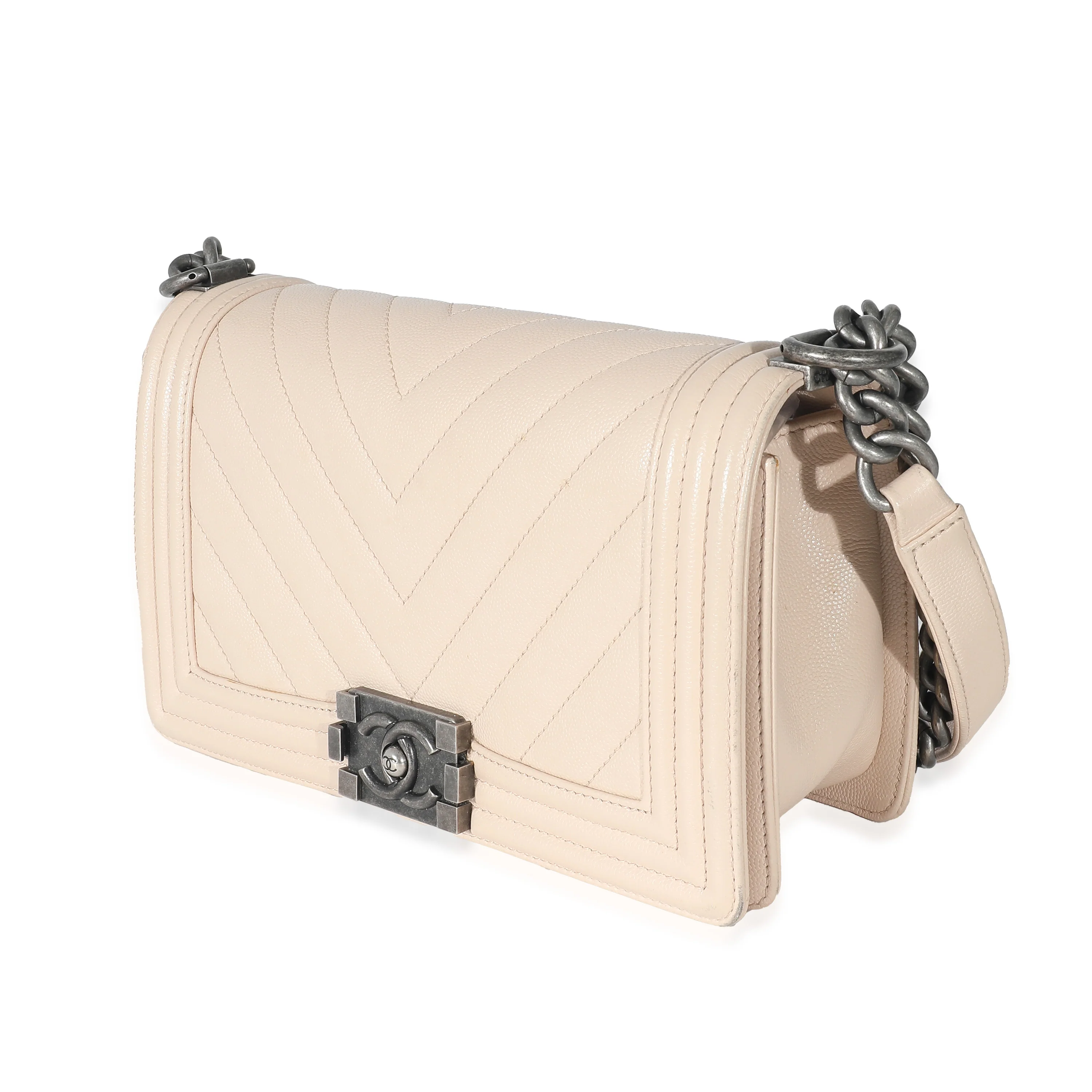 Light Beige Chevron Quilted Caviar Leather Medium Boy Handbag - Image 2