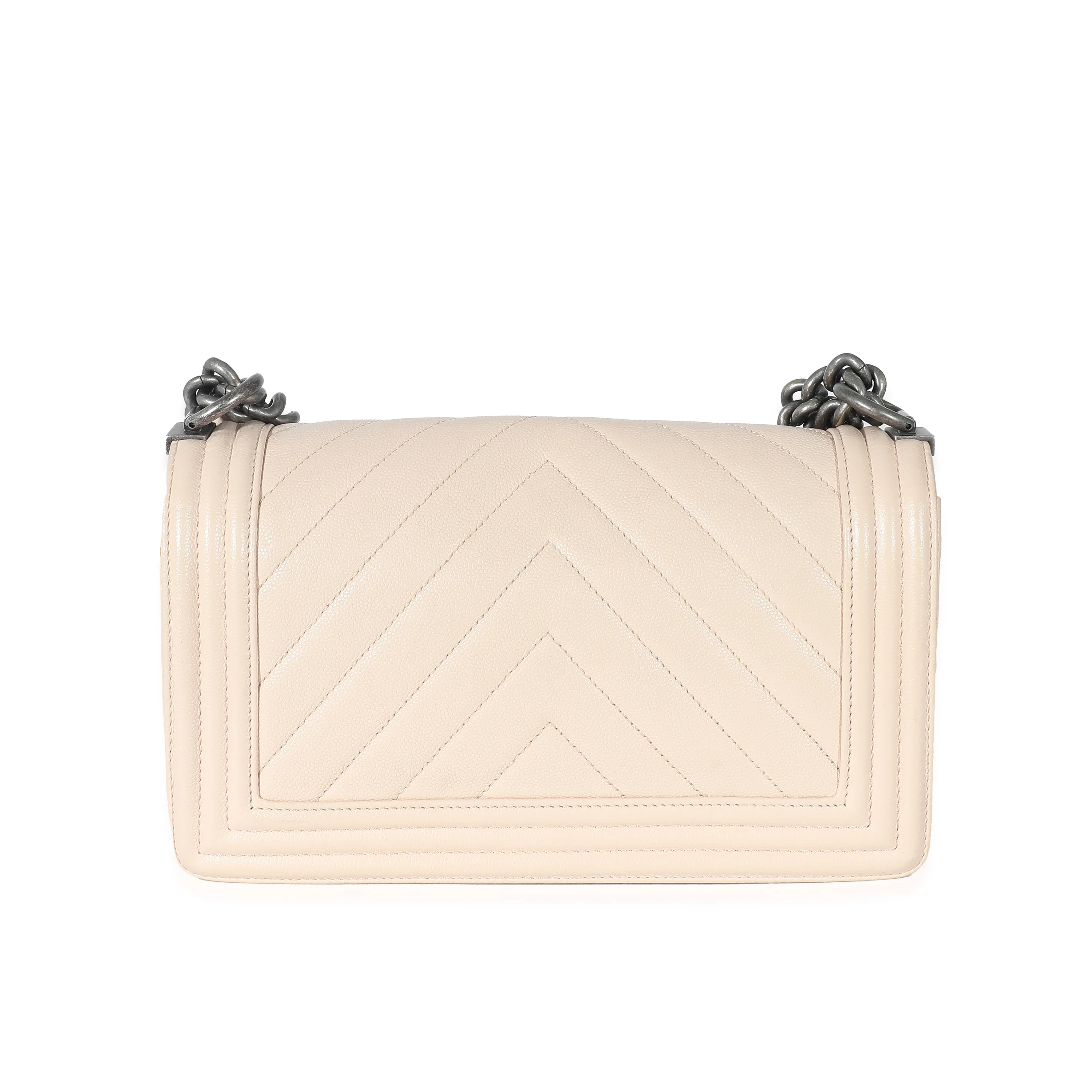 Light Beige Chevron Quilted Caviar Leather Medium Boy Handbag - Image 3
