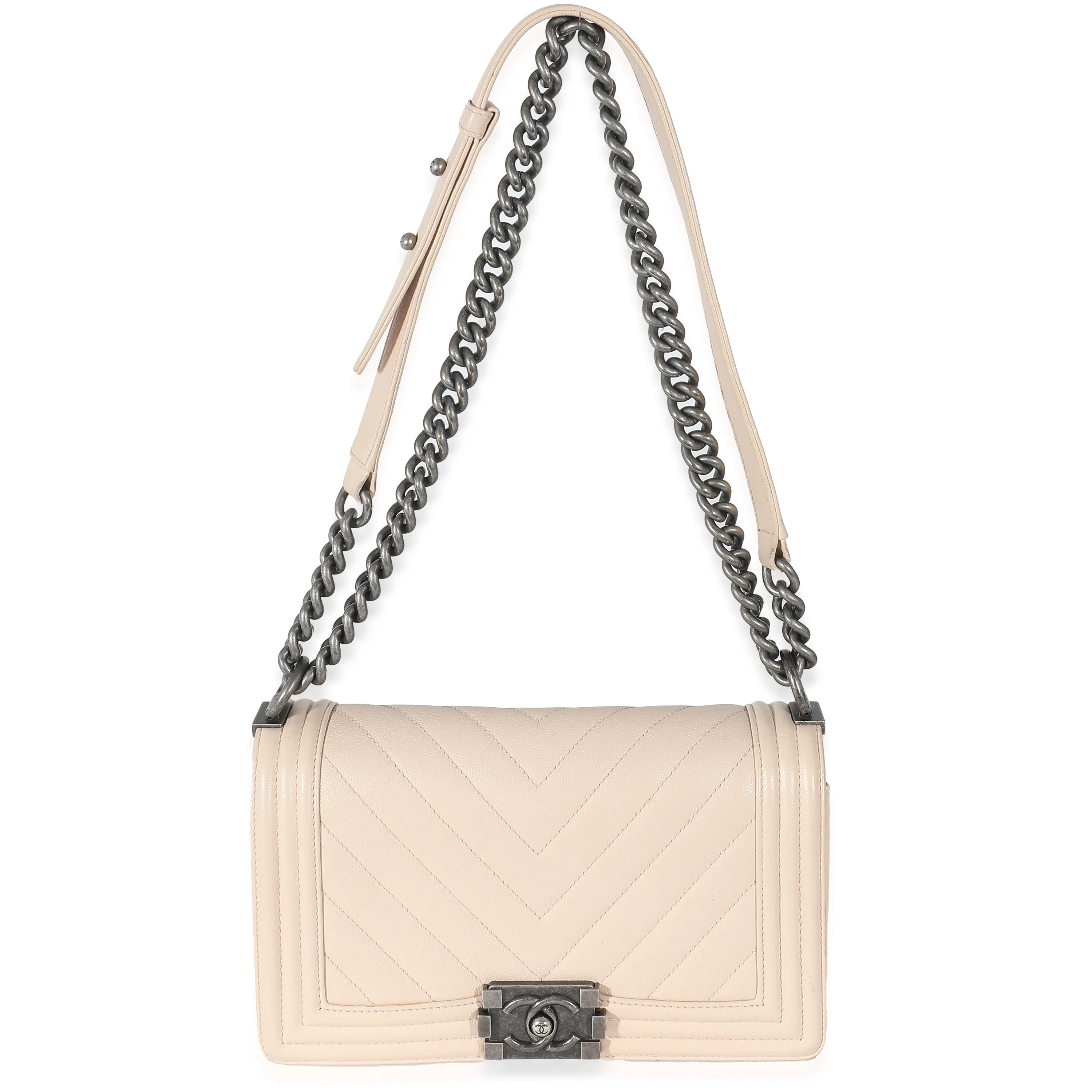 Light Beige Chevron Quilted Caviar Leather Medium Boy Handbag - Image 4