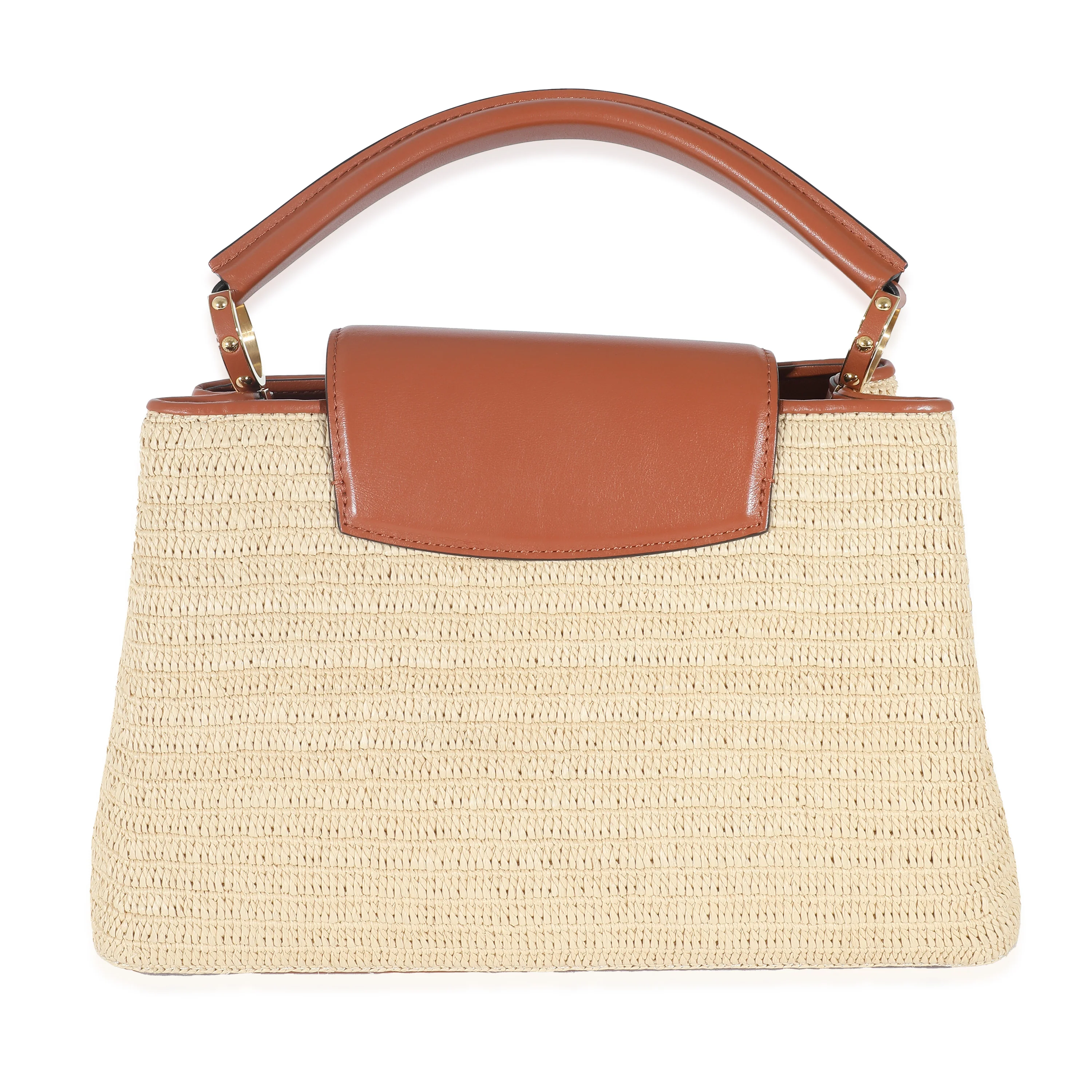 Caramel Leather & Beige Raffia Capucines MM - Image 3
