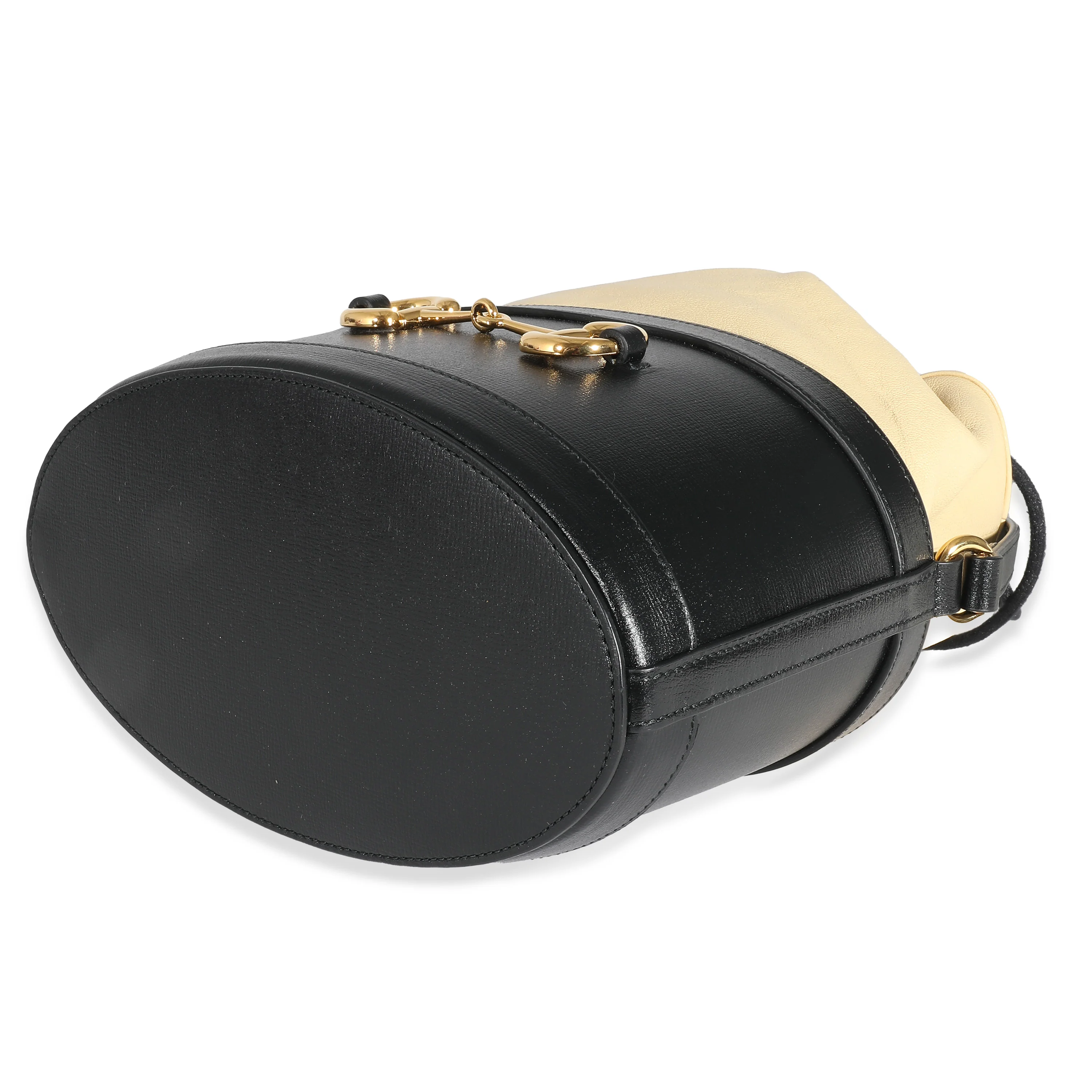 Black Beige Calfskin Horsebit 1955 Drawstring Bucket Bag - Image 6