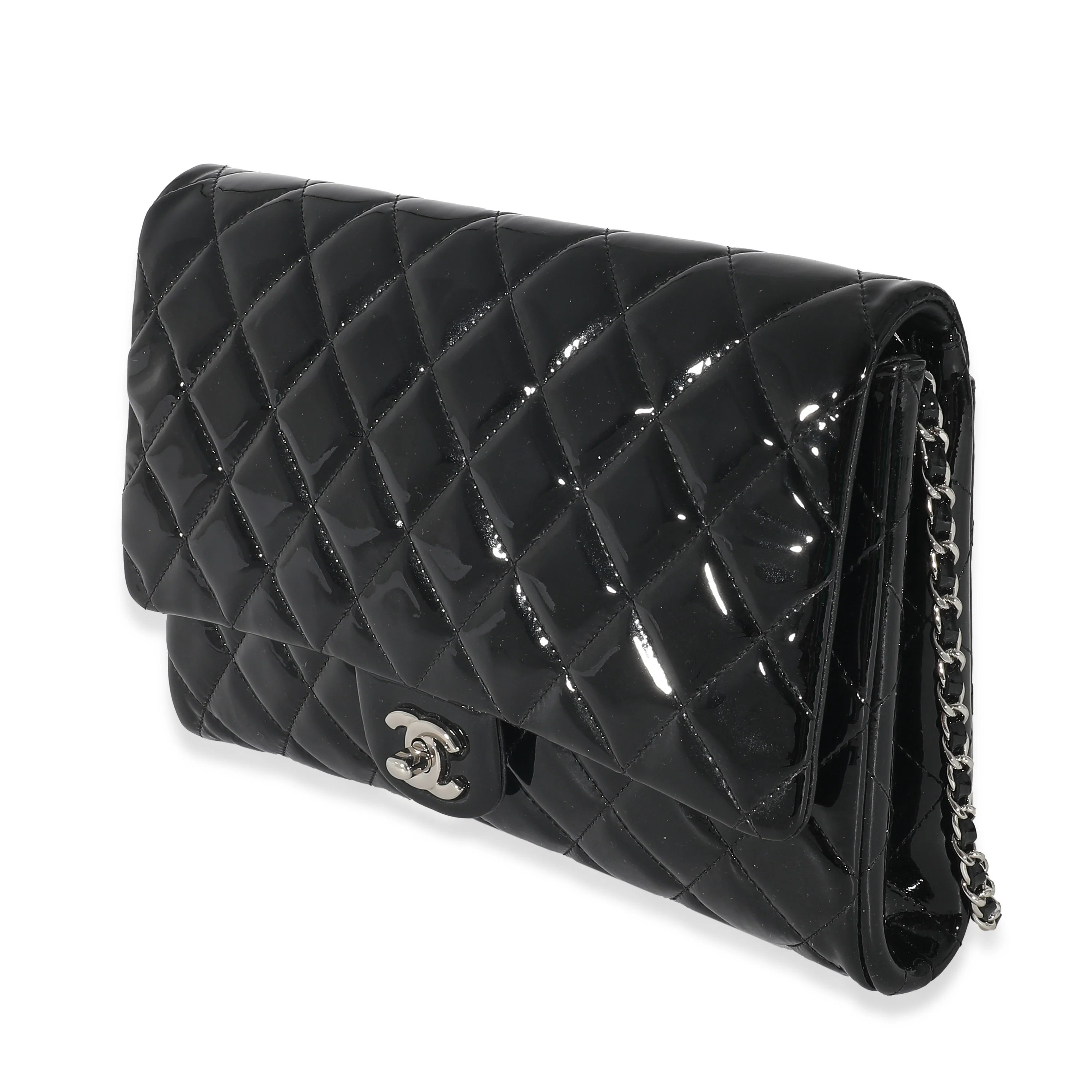 Chanel Black Quilted Patent Leather Clutch on Chain - Image 2
