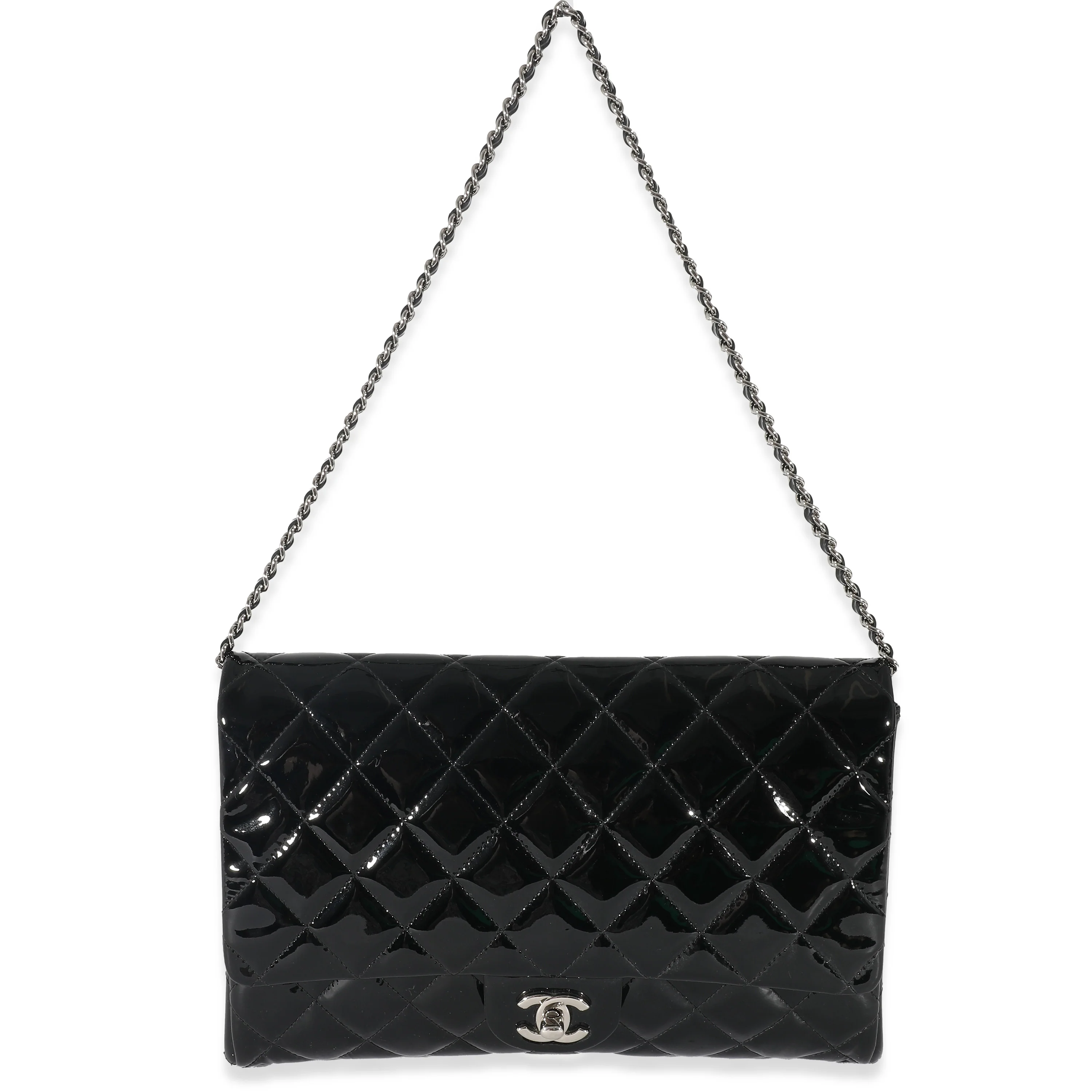 Chanel Black Quilted Patent Leather Clutch on Chain - Image 7