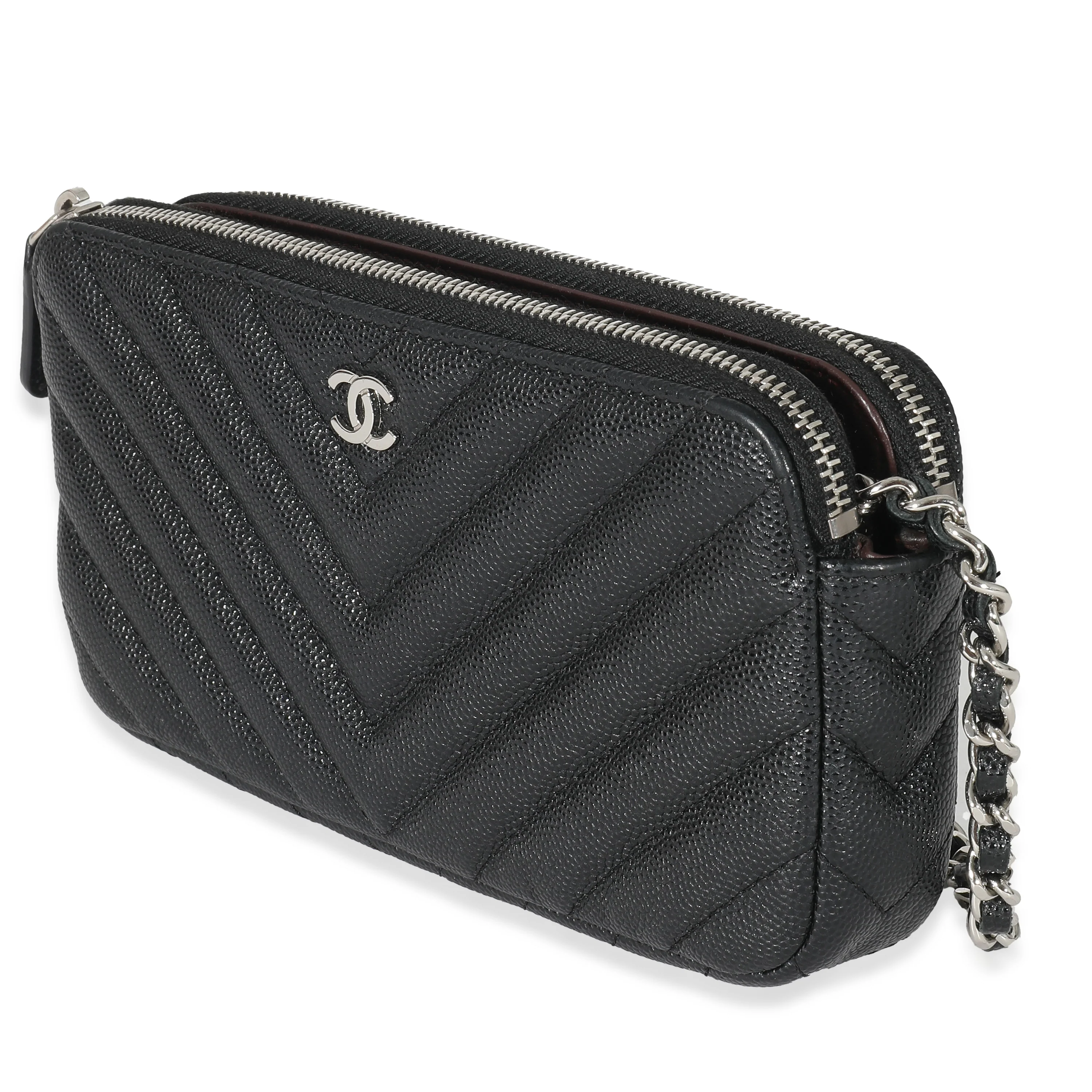 Chanel 17S Black Caviar Chevron Double Zip Chain Clutch - Image 2