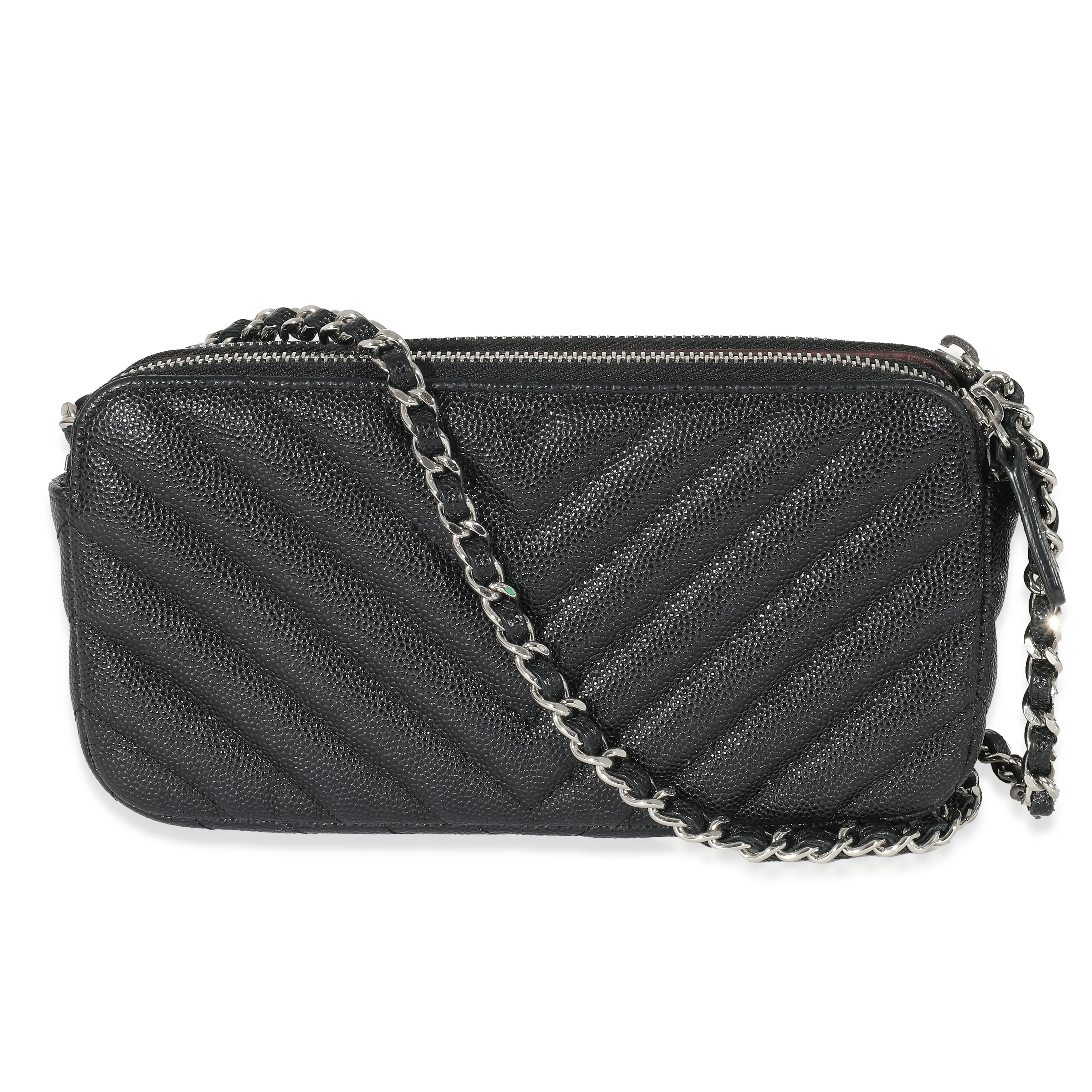 Chanel 17S Black Caviar Chevron Double Zip Chain Clutch - Image 3
