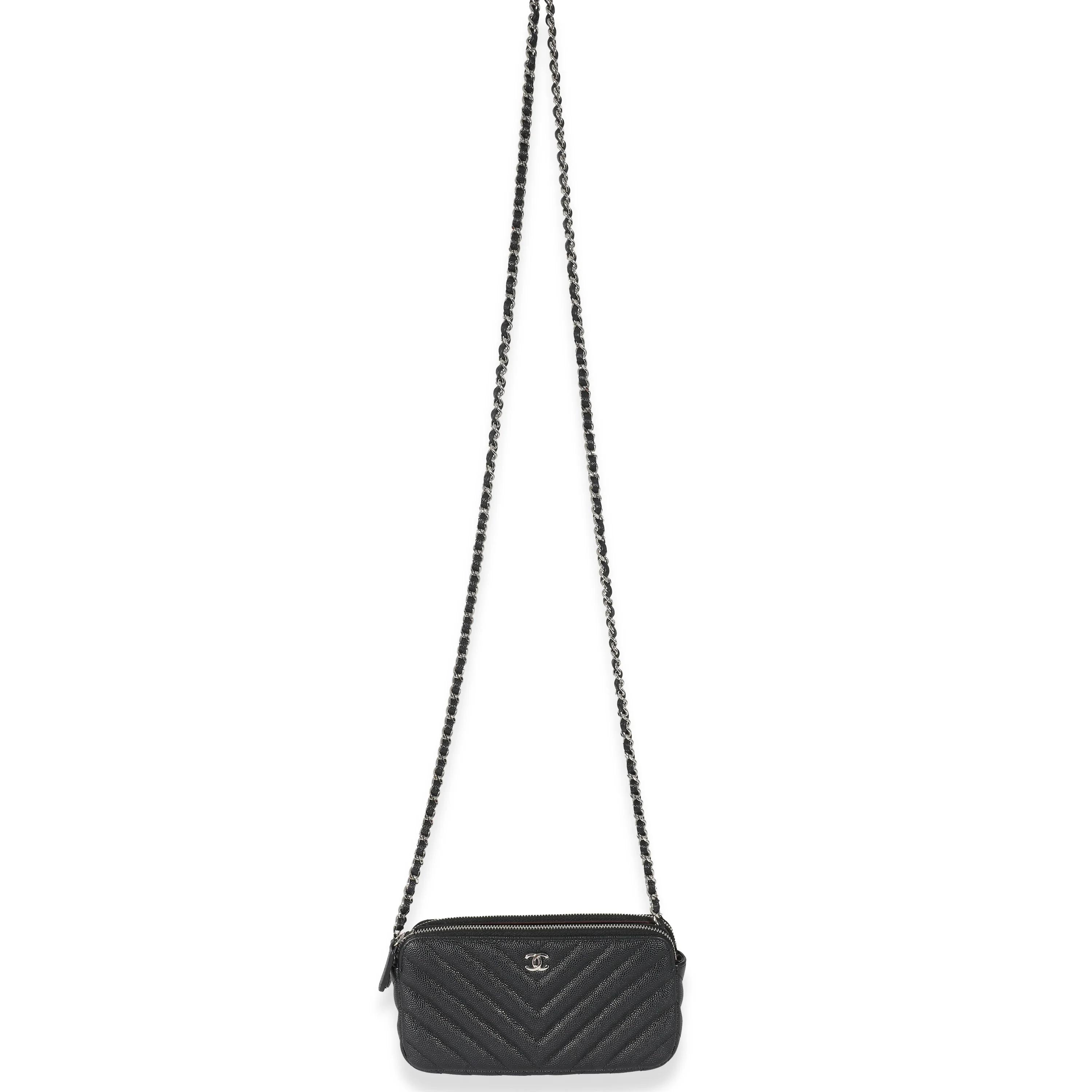 Chanel 17S Black Caviar Chevron Double Zip Chain Clutch - Image 4
