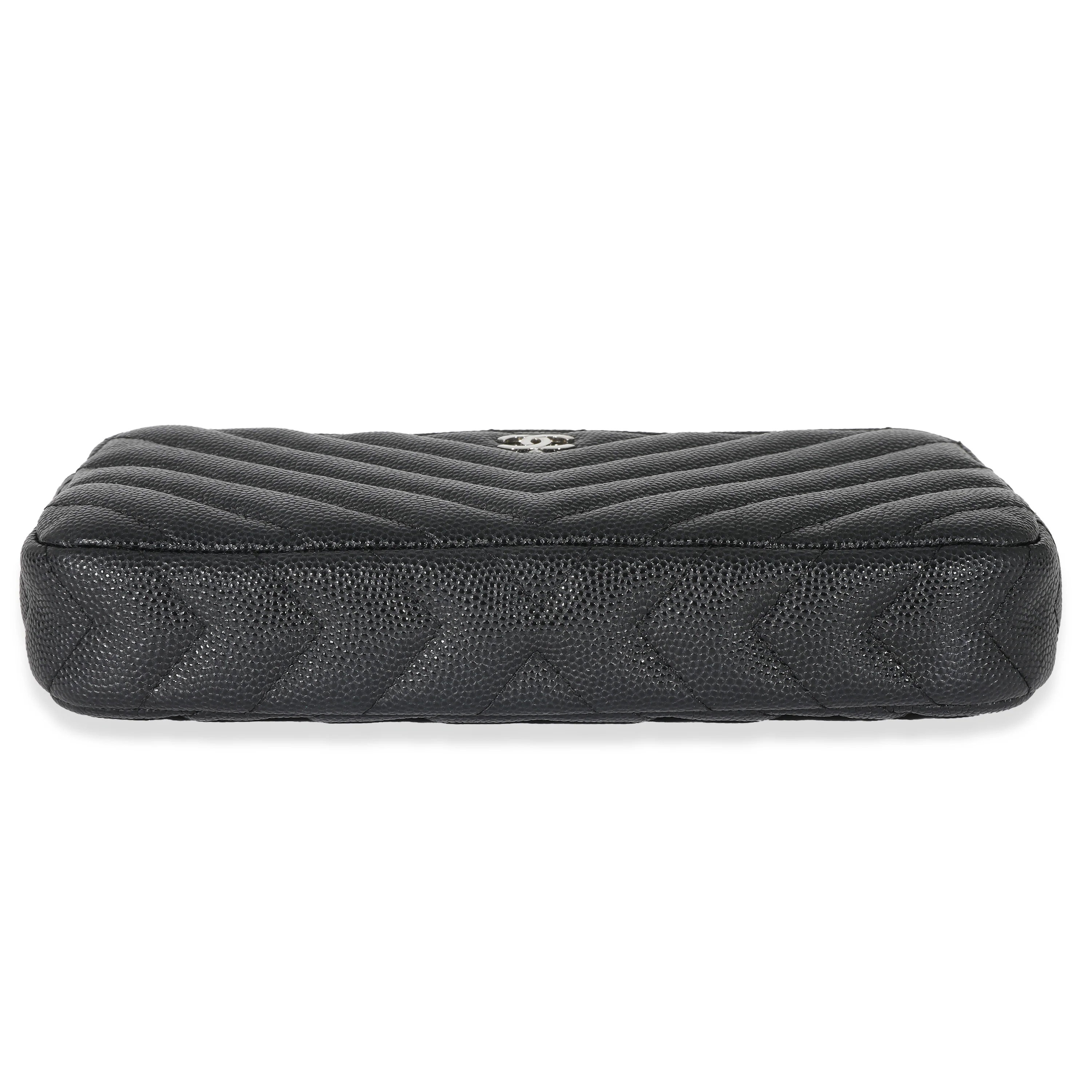 Chanel 17S Black Caviar Chevron Double Zip Chain Clutch - Image 5
