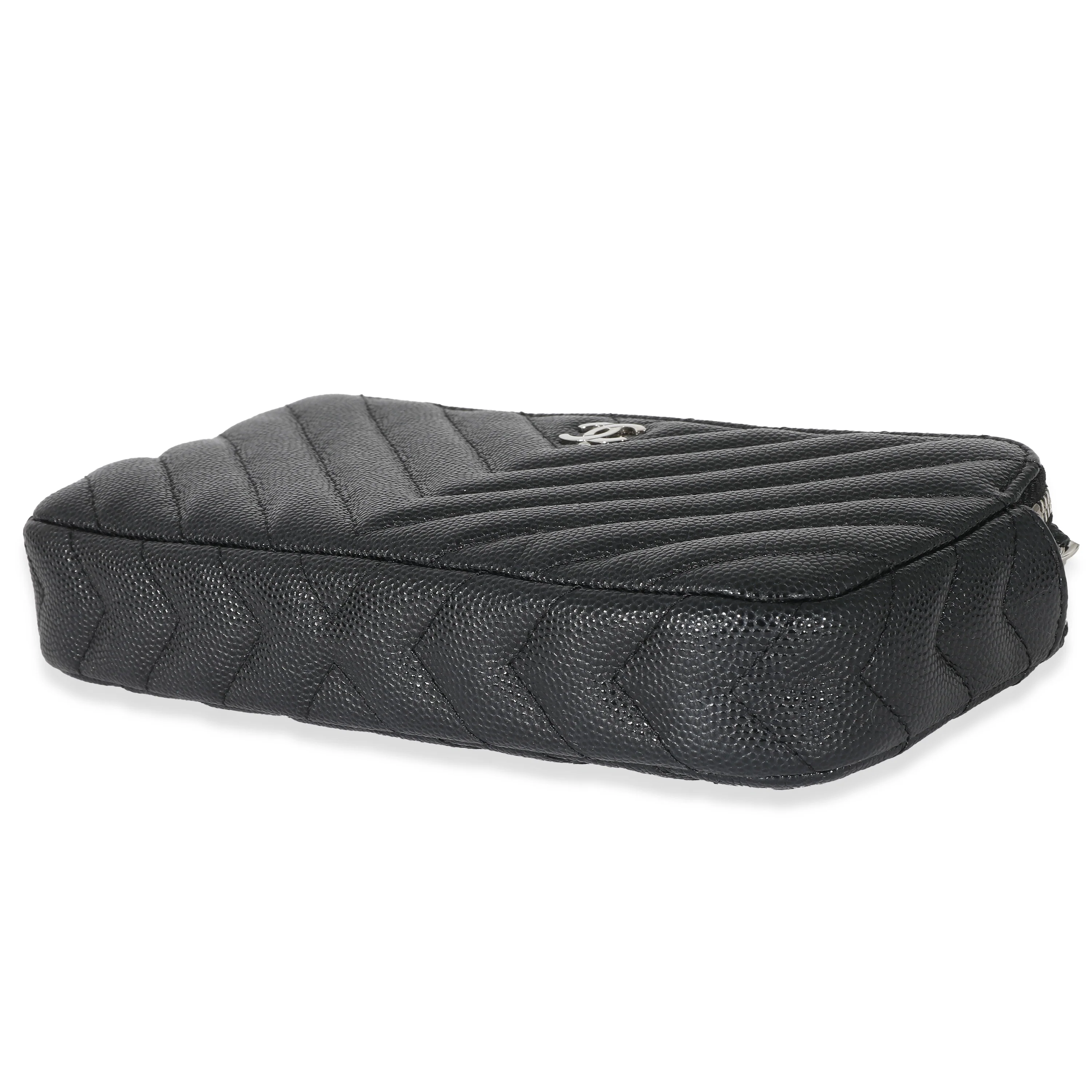 Chanel 17S Black Caviar Chevron Double Zip Chain Clutch - Image 7