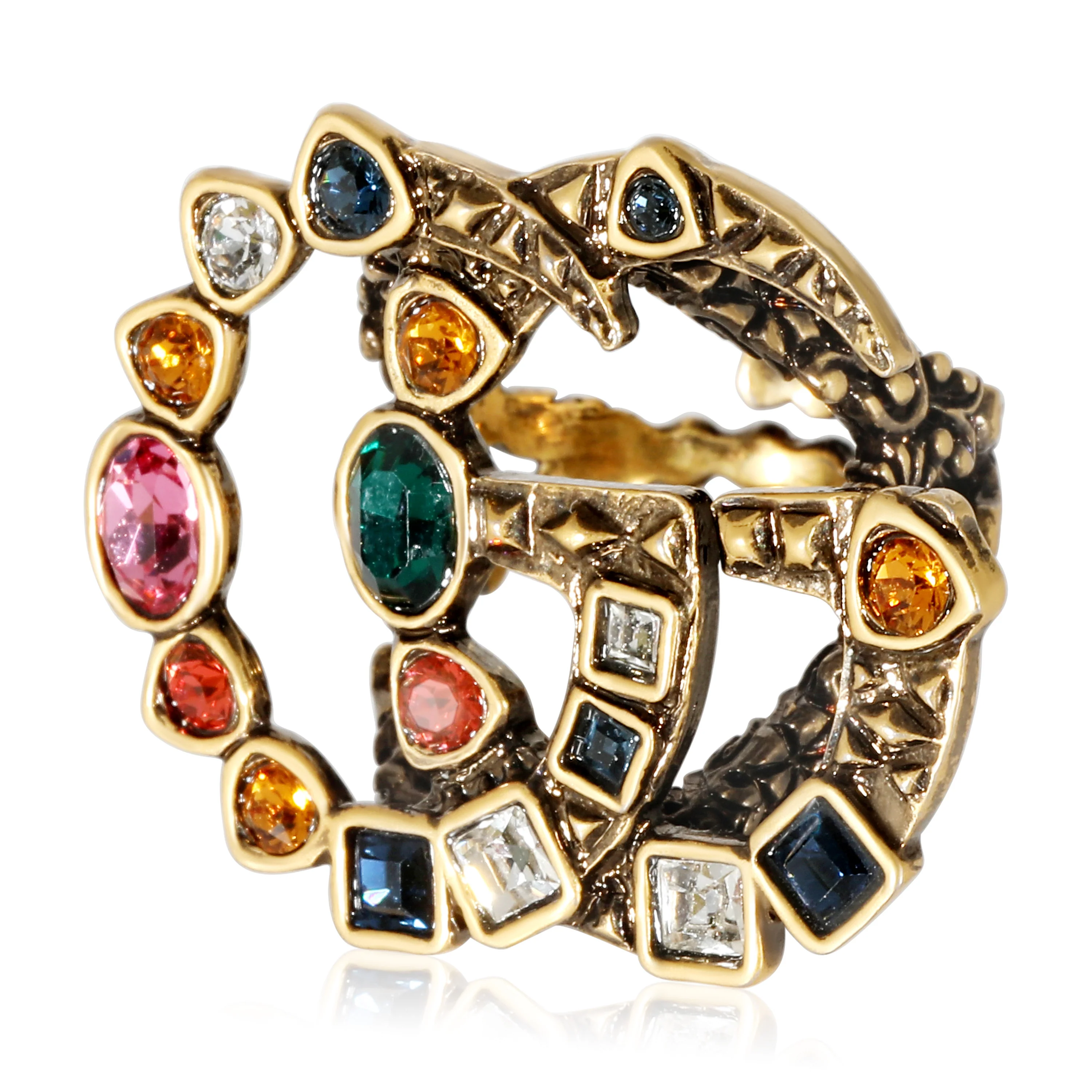 Gucci Double GG Crystals Brass Tone Ring - Image 2