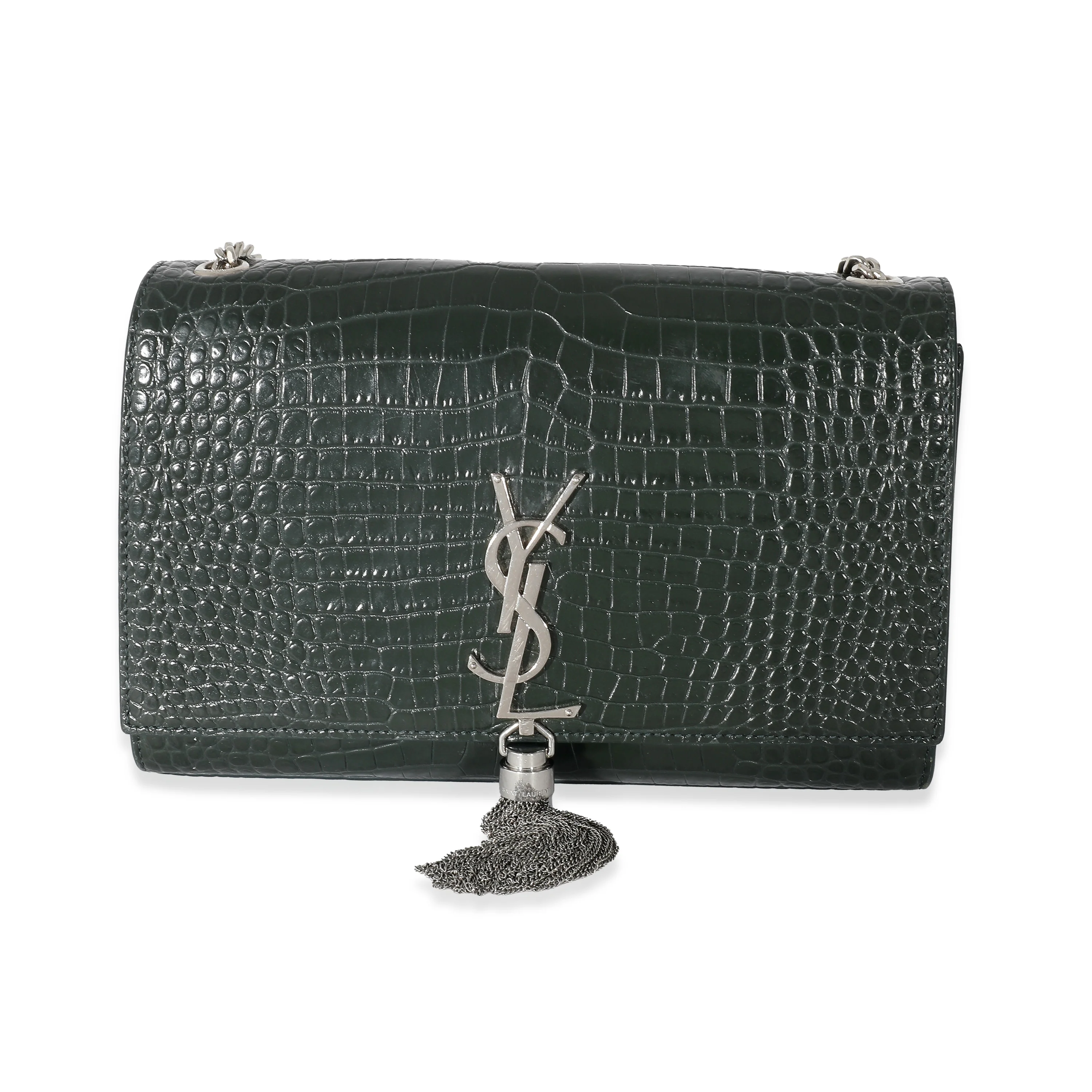 Saint Laurent Green Croc Embossed Medium Kate Tassel Bag