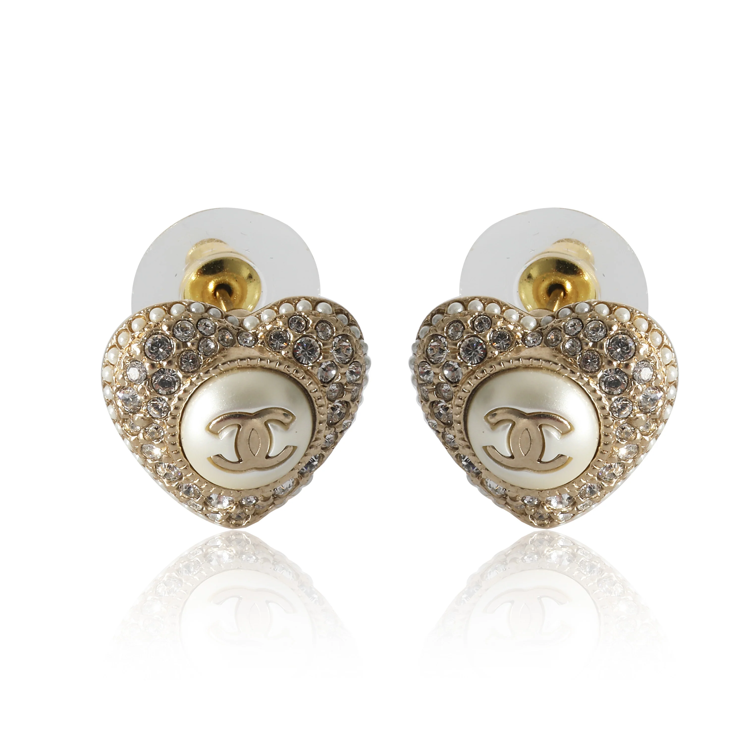 Chanel Gold Plated Heart Stud CC Earrings