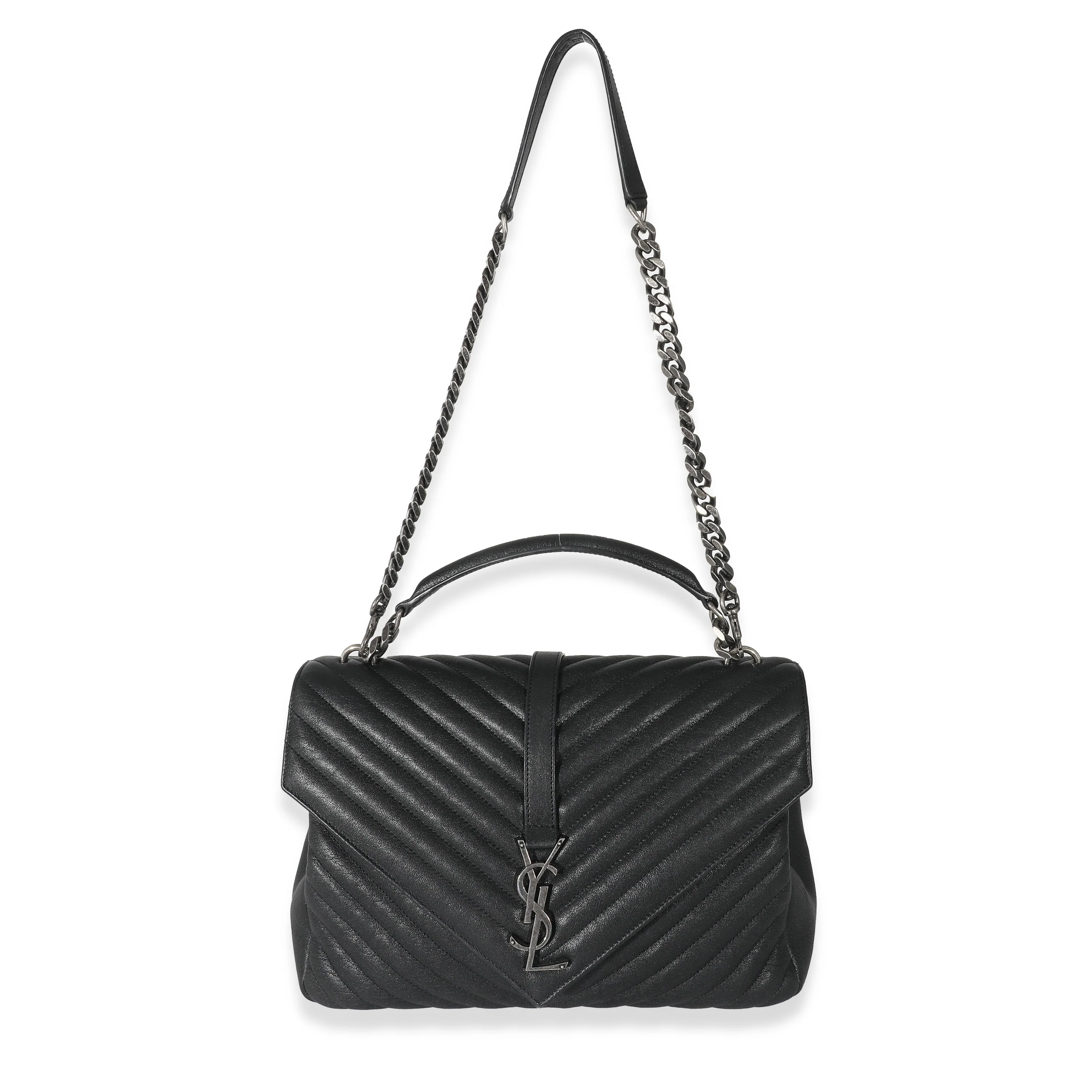 Saint Laurent Black Chevron Quilted Leather Monogram Large College Bag - Image 4