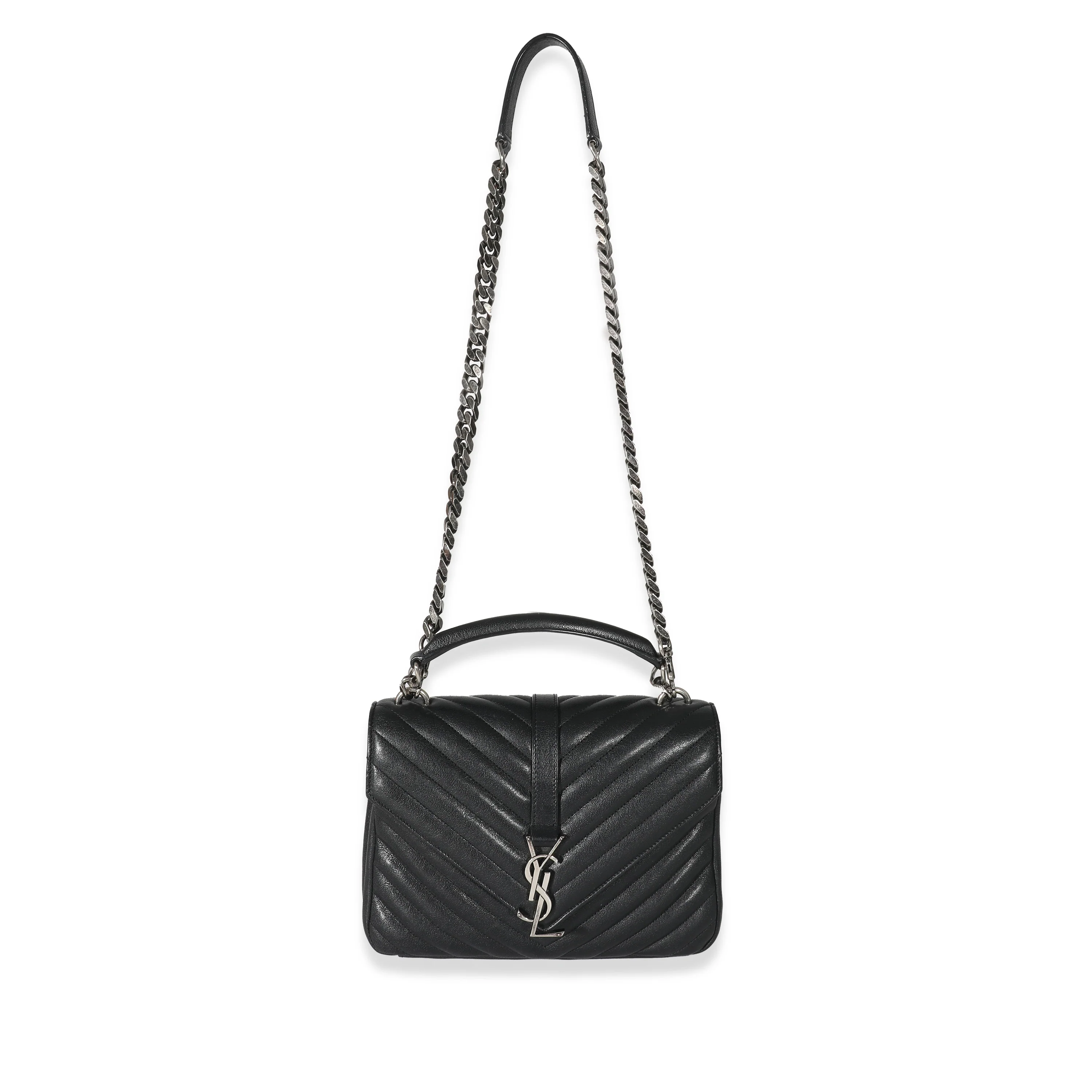 Saint Laurent Black Sheepskin Matelasse Chevron Small College Bag - Image 4