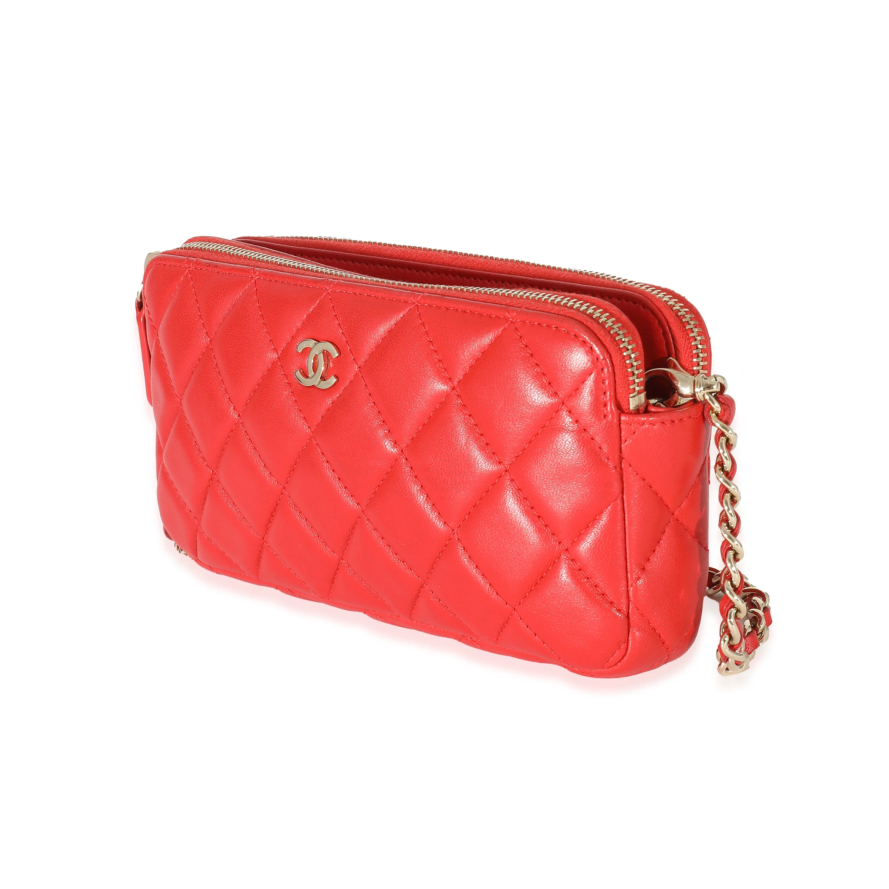 Chanel Red Lambskin Double Zip Clutch With Chain - Image 2