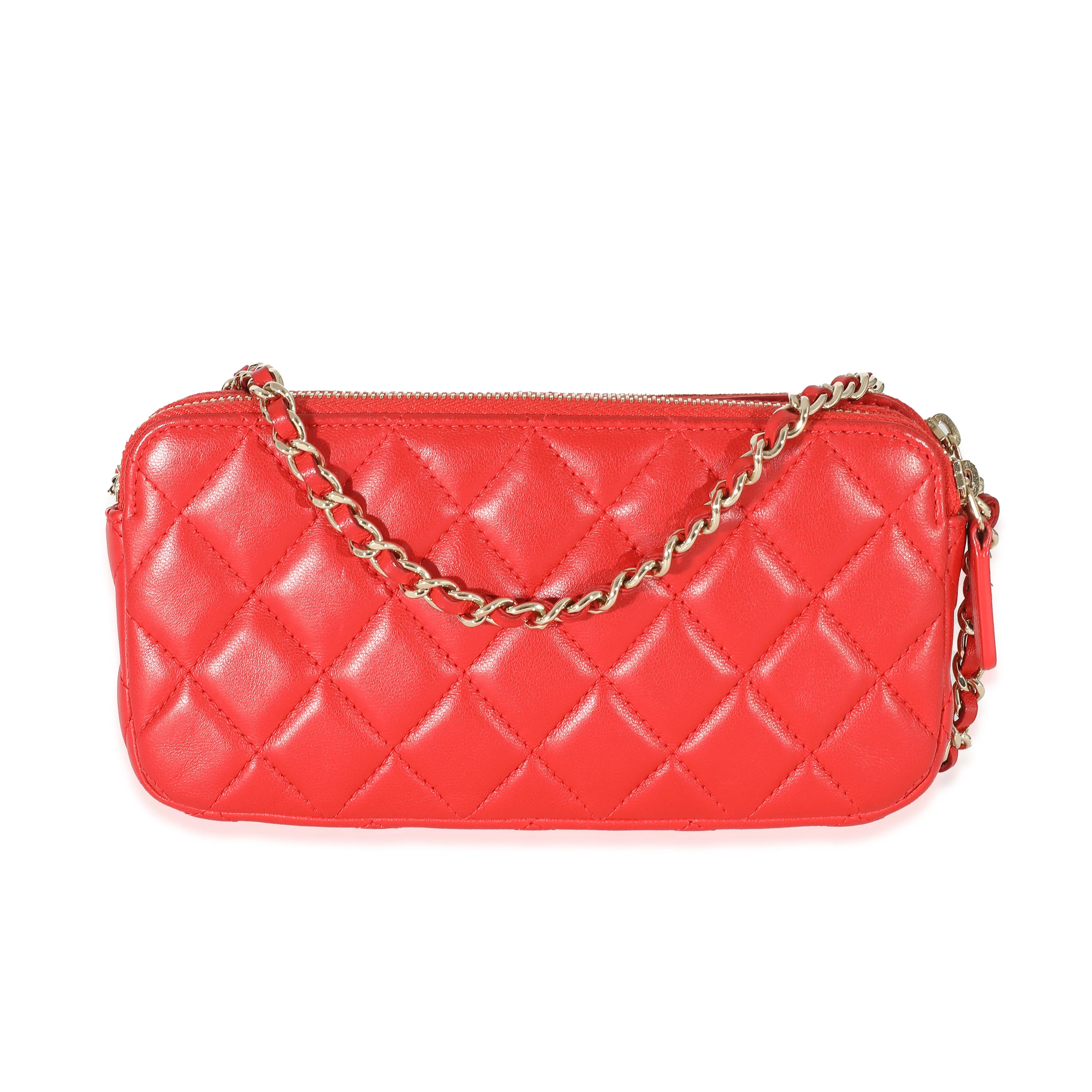 Chanel Red Lambskin Double Zip Clutch With Chain - Image 3