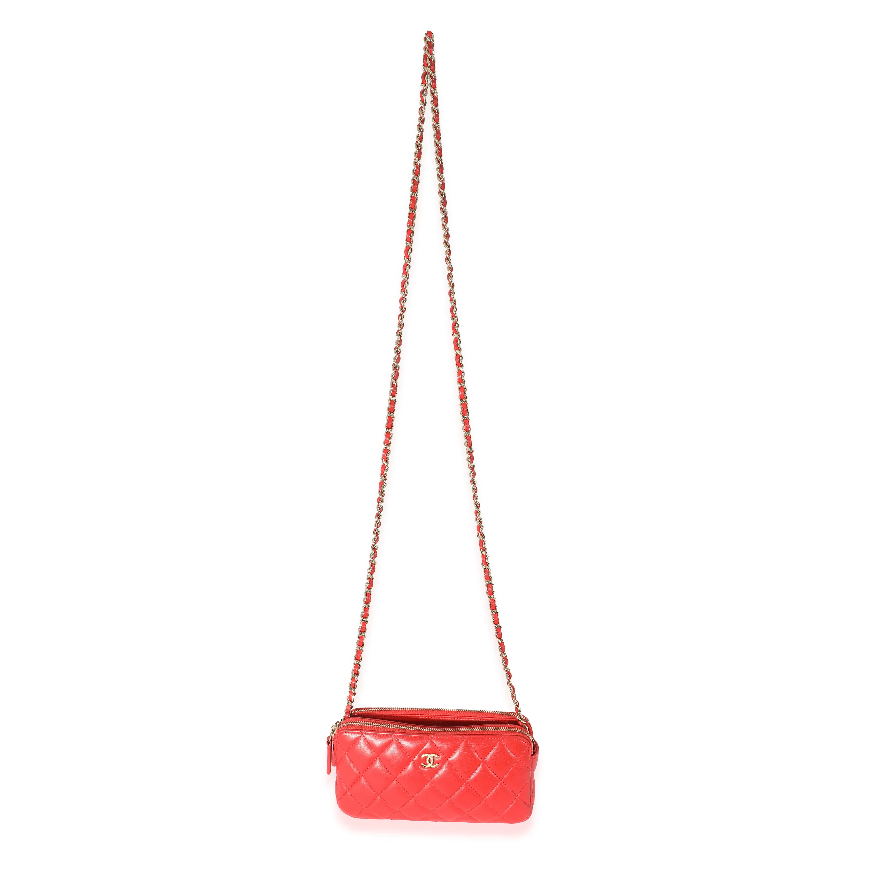 Chanel Red Lambskin Double Zip Clutch With Chain - Image 4