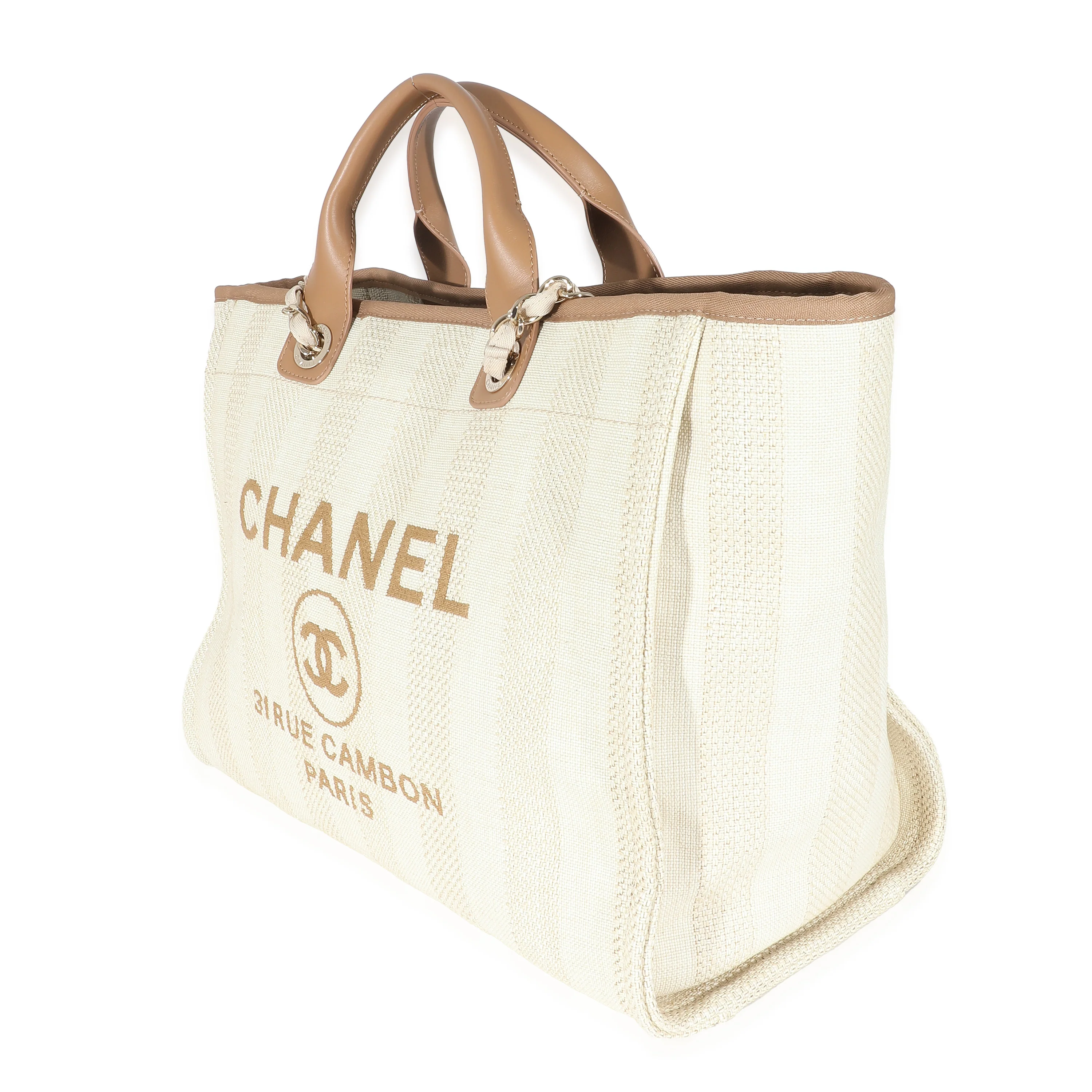 Chanel Beige Brown Mixed Fibers Stripe Large Deauville Tote - Image 2