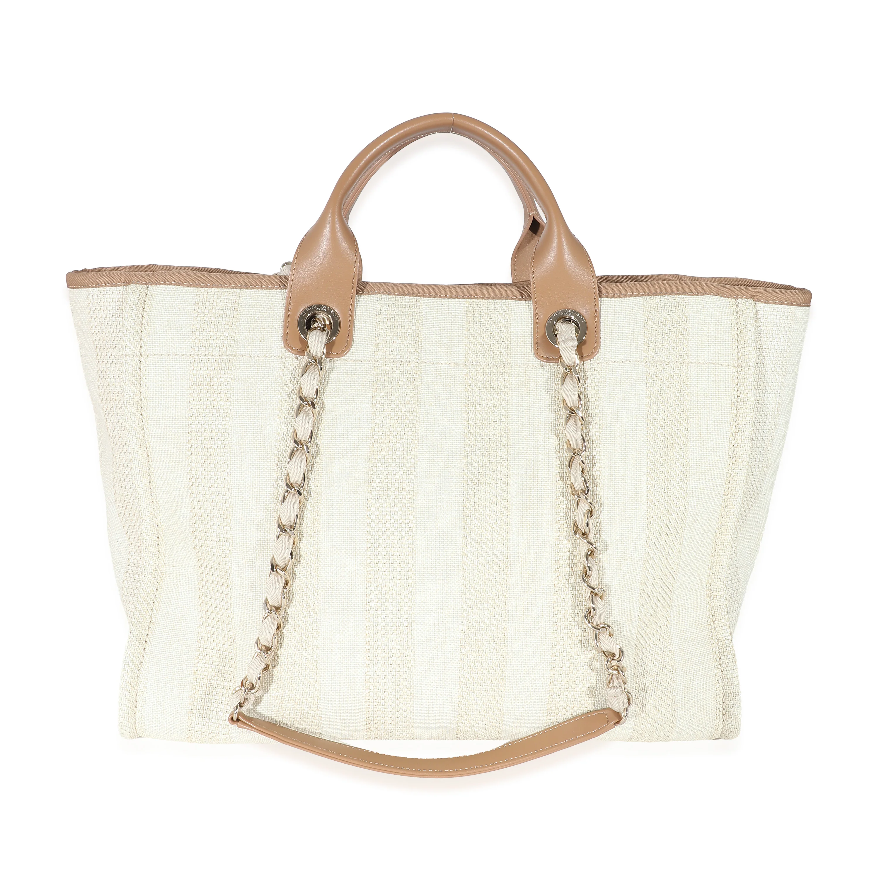 Chanel Beige Brown Mixed Fibers Stripe Large Deauville Tote - Image 3