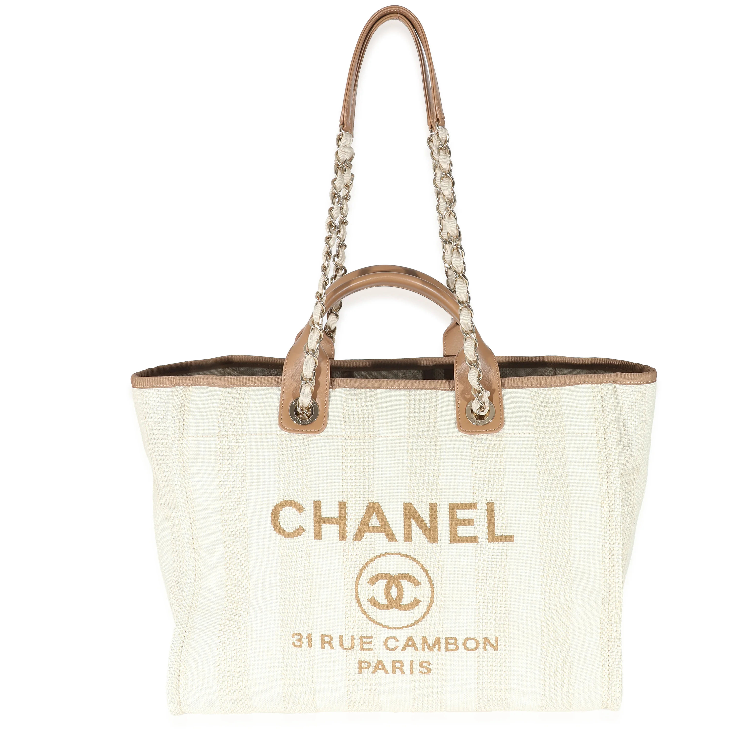 Chanel Beige Brown Mixed Fibers Stripe Large Deauville Tote - Image 5
