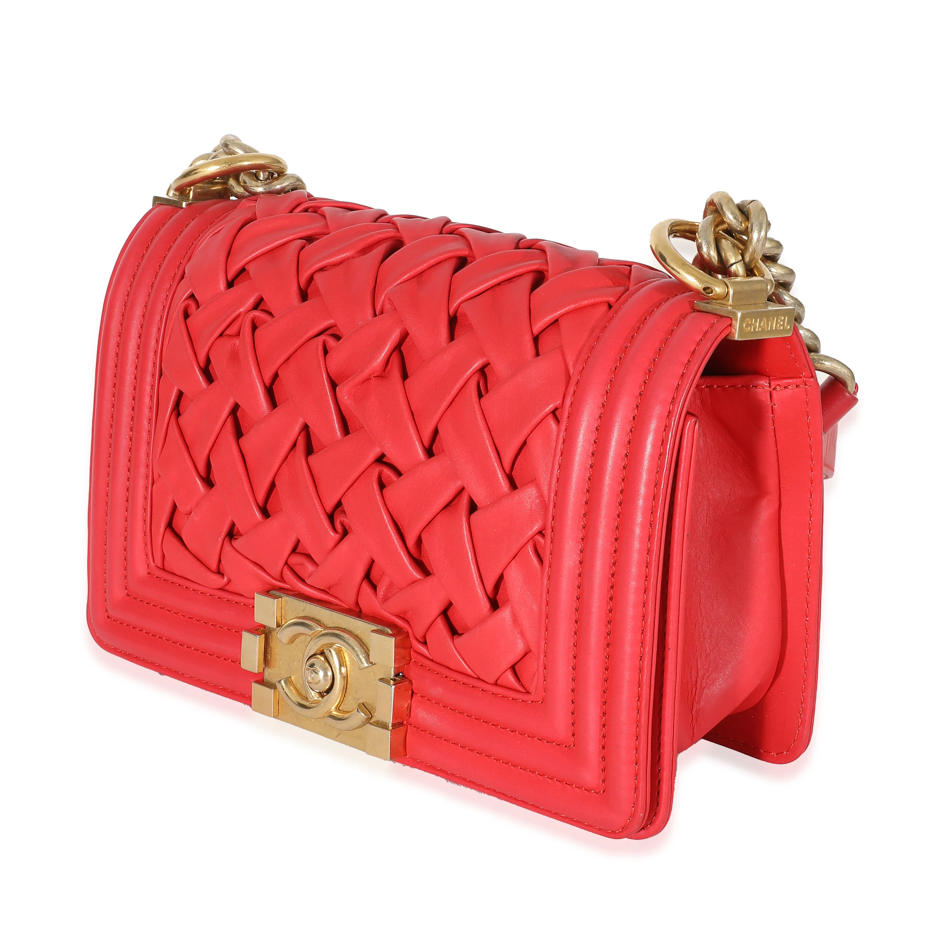 Chanel Red Lambskin Woven Small Boy Bag - Image 2