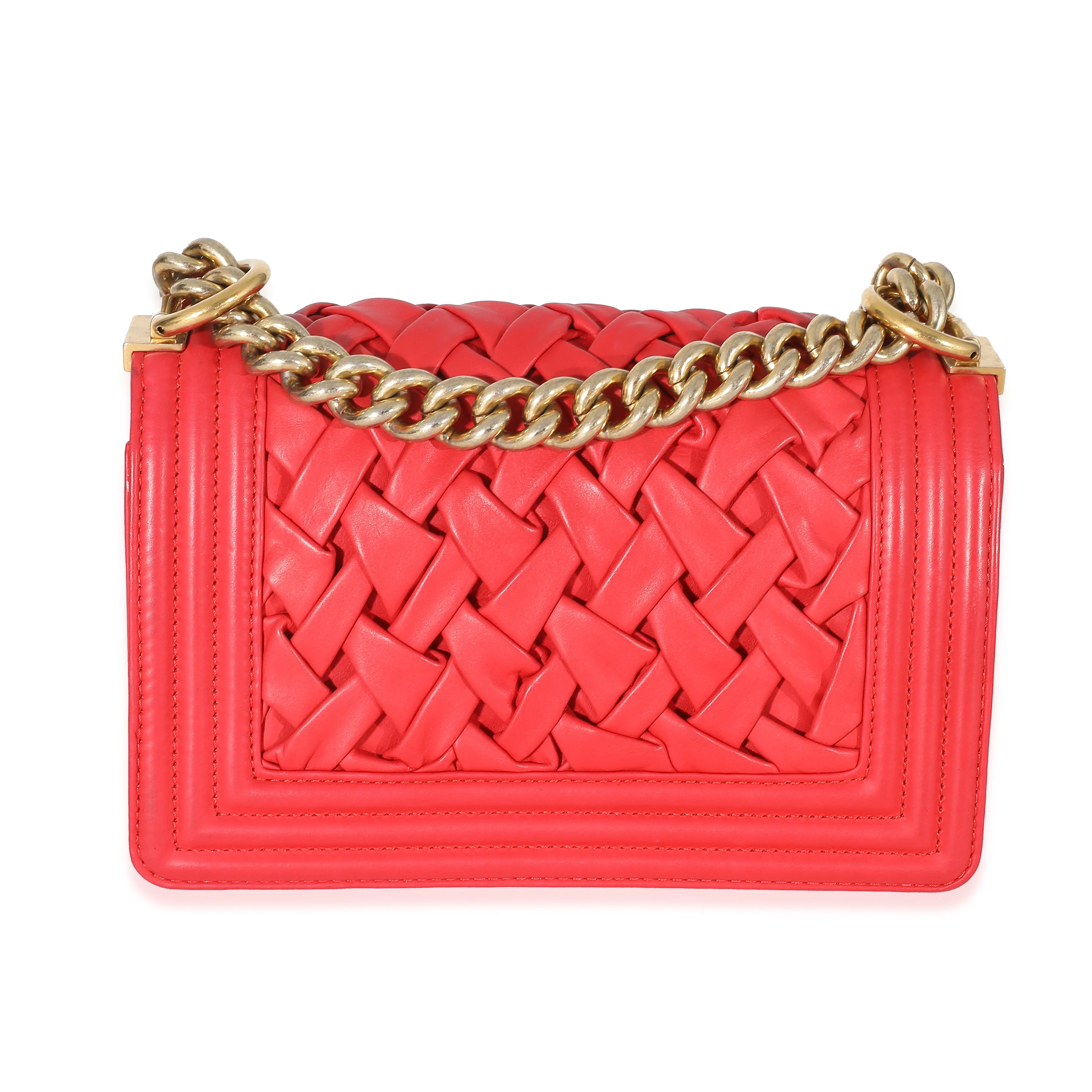 Chanel Red Lambskin Woven Small Boy Bag - Image 3